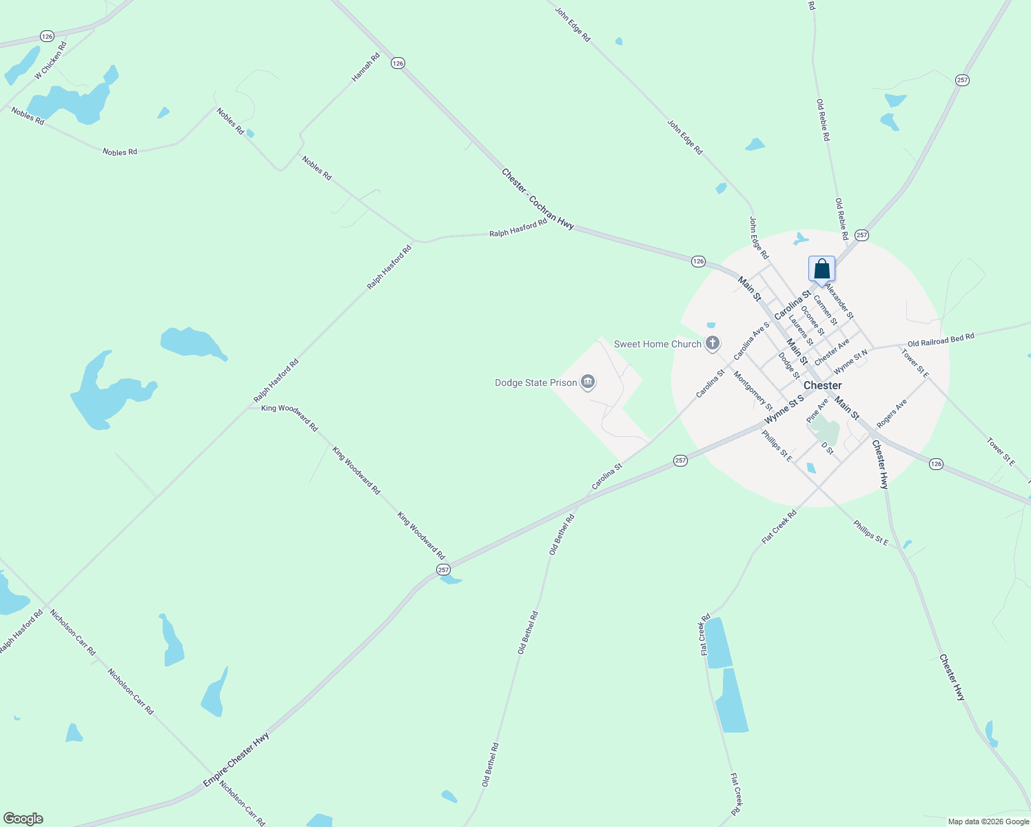 map of restaurants, bars, coffee shops, grocery stores, and more near Prison Drive in Chester