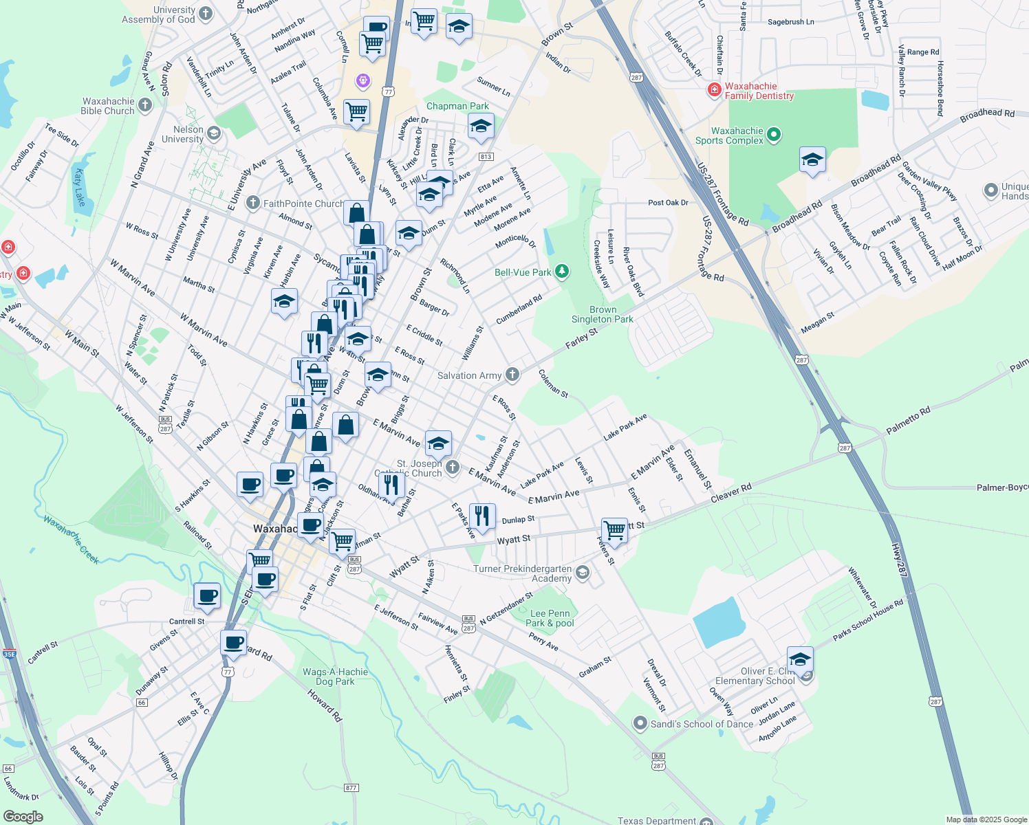 map of restaurants, bars, coffee shops, grocery stores, and more near 519 East Ross Street in Waxahachie