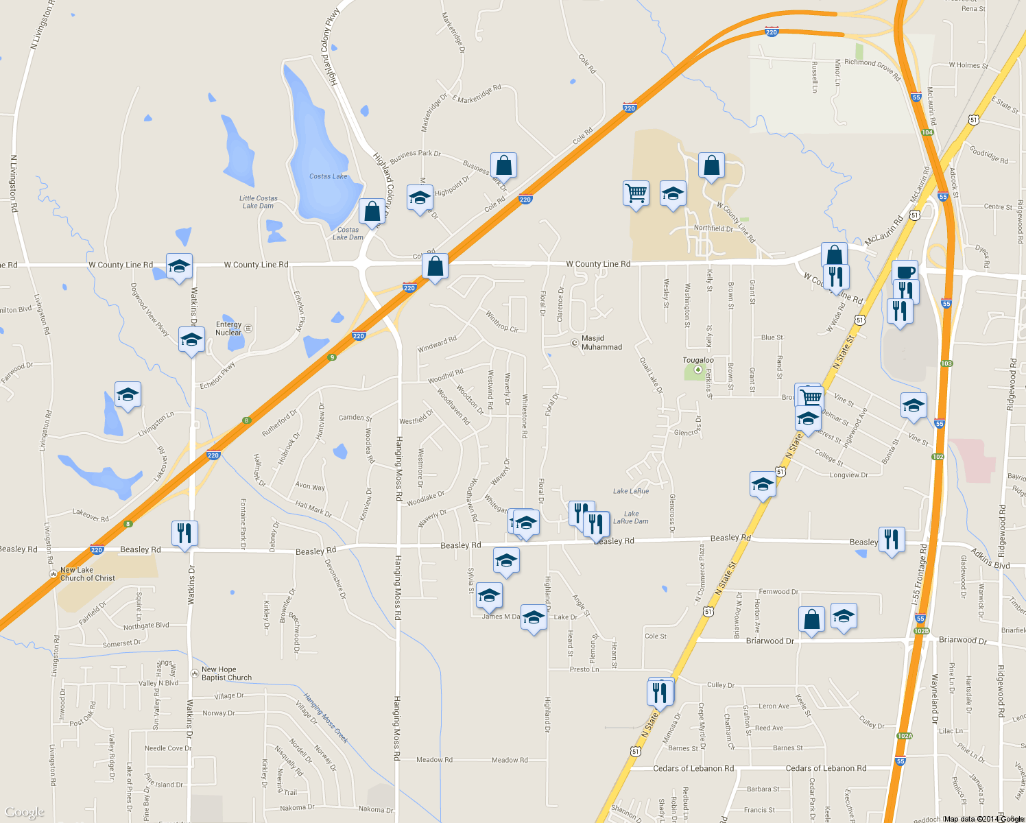 map of restaurants, bars, coffee shops, grocery stores, and more near 510 Woodson Drive in Jackson