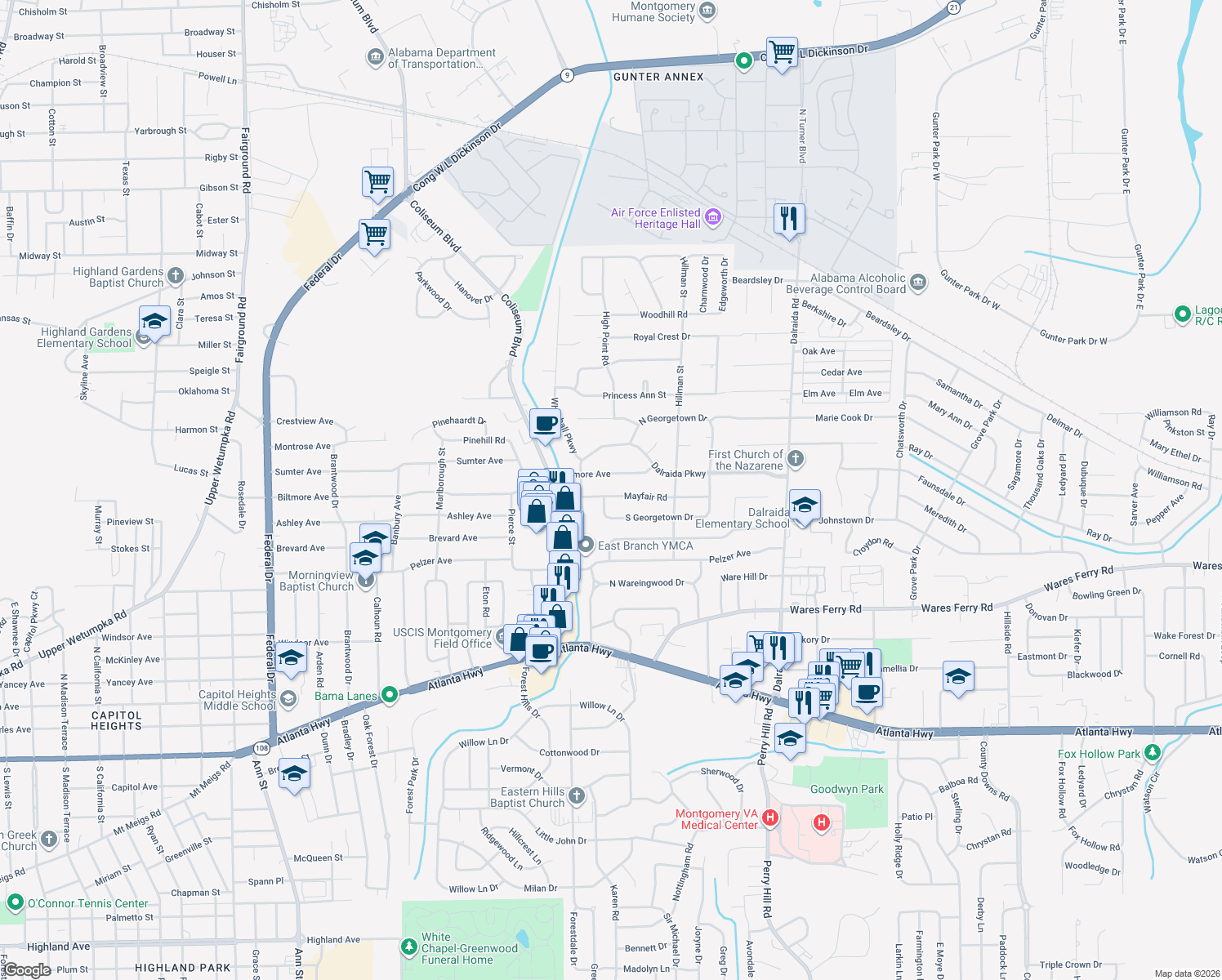 map of restaurants, bars, coffee shops, grocery stores, and more near 3513 Mayfair Dr in Montgomery
