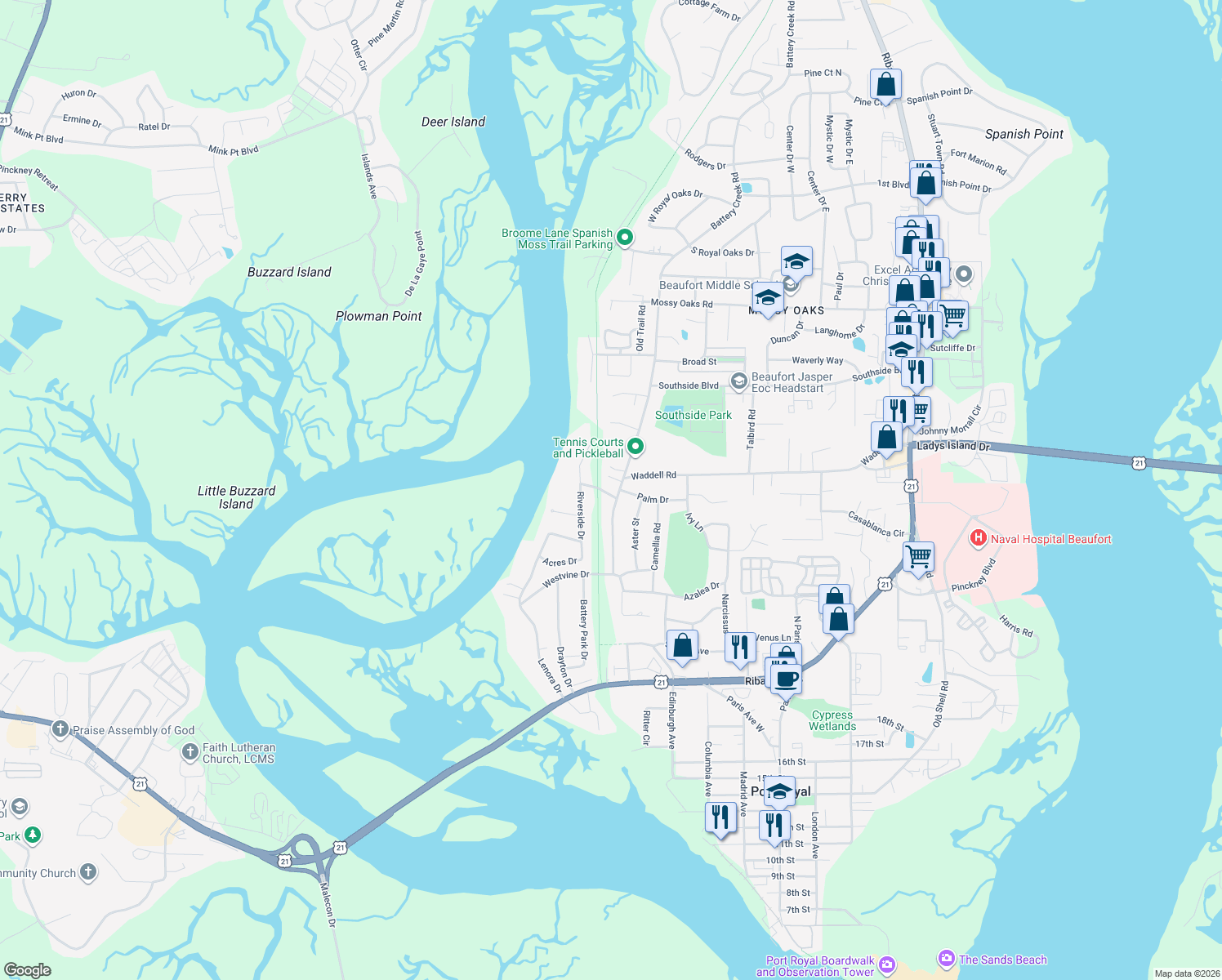 map of restaurants, bars, coffee shops, grocery stores, and more near 2903 Riverside Dr in Beaufort