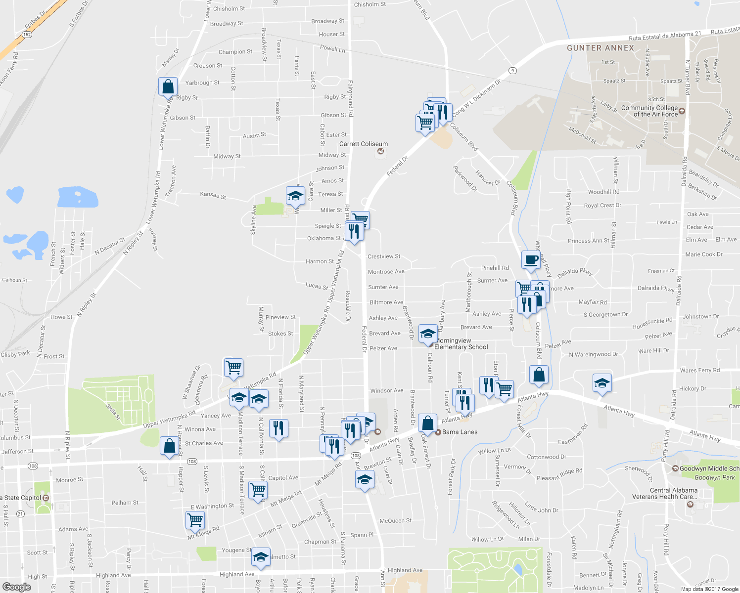 map of restaurants, bars, coffee shops, grocery stores, and more near 1114 Federal Drive in Montgomery