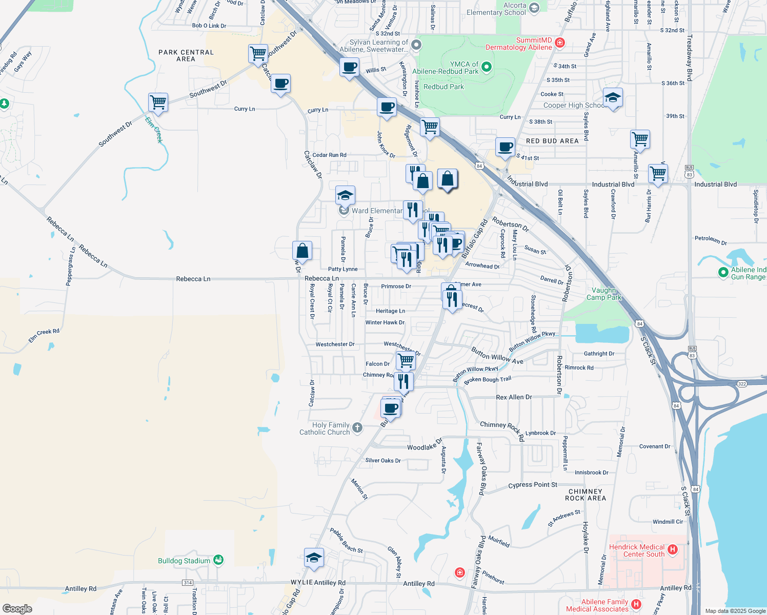 map of restaurants, bars, coffee shops, grocery stores, and more near 3232 Heritage Lane in Abilene