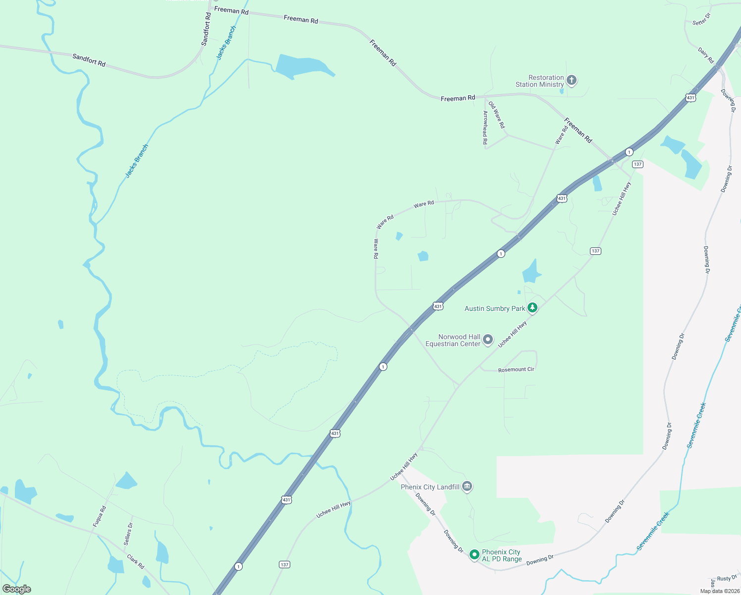 map of restaurants, bars, coffee shops, grocery stores, and more near 164 Ware Road in Phenix City