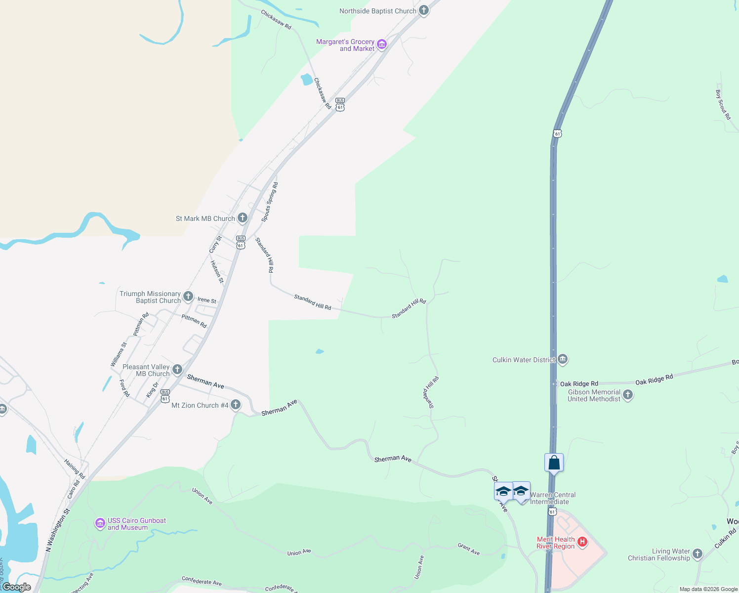 map of restaurants, bars, coffee shops, grocery stores, and more near 1260 Standard Hill Rd in Vicksburg