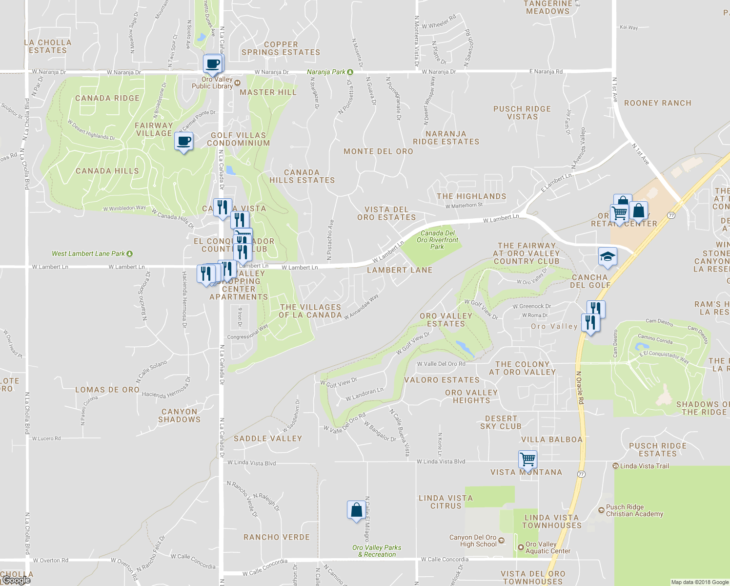 map of restaurants, bars, coffee shops, grocery stores, and more near 10286 N Mineral Spring Ln in Tucson