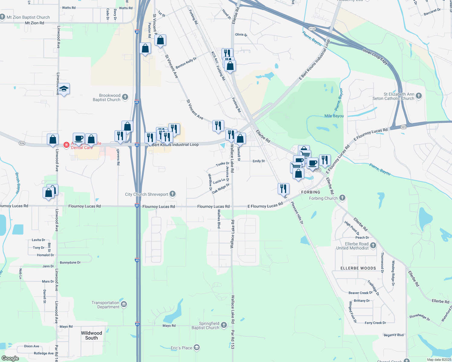 map of restaurants, bars, coffee shops, grocery stores, and more near 103 Lucia Ln in Shreveport
