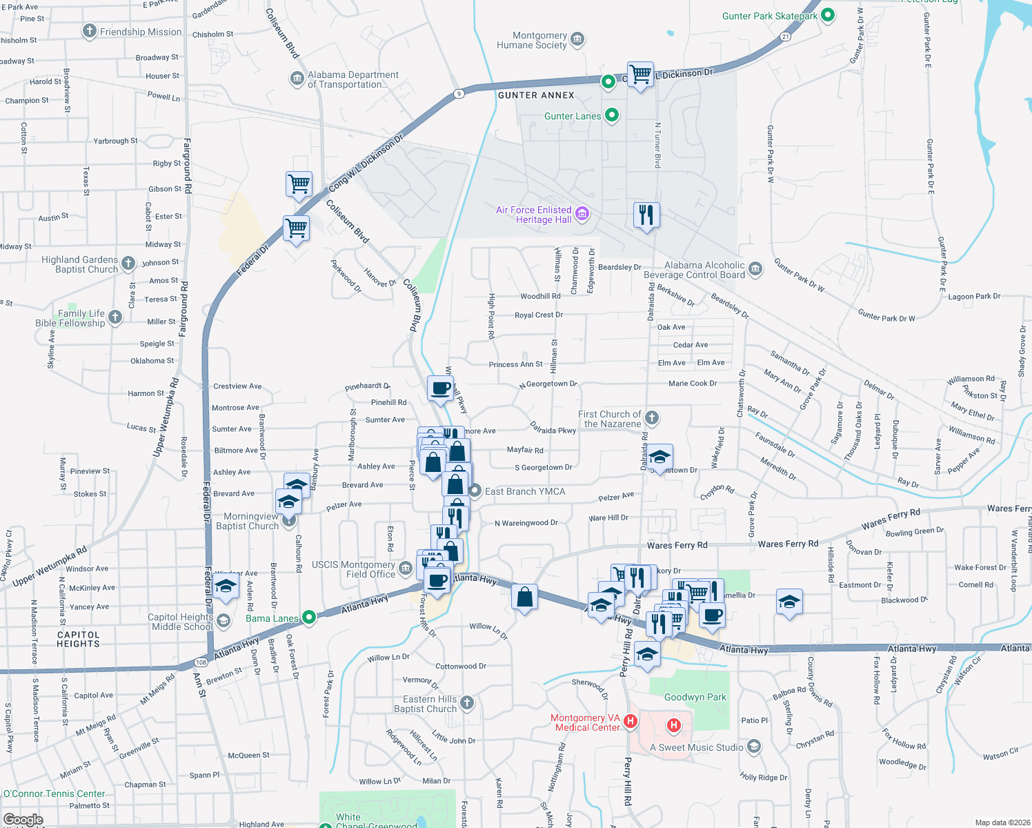 map of restaurants, bars, coffee shops, grocery stores, and more near 3518 Dalraida Pkwy in Montgomery