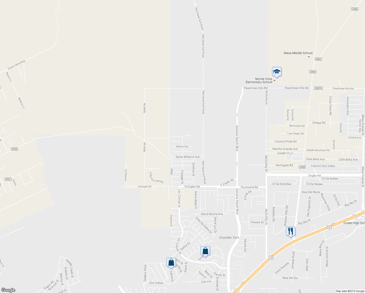 map of restaurants, bars, coffee shops, grocery stores, and more near Sienna Avenue in Las Cruces