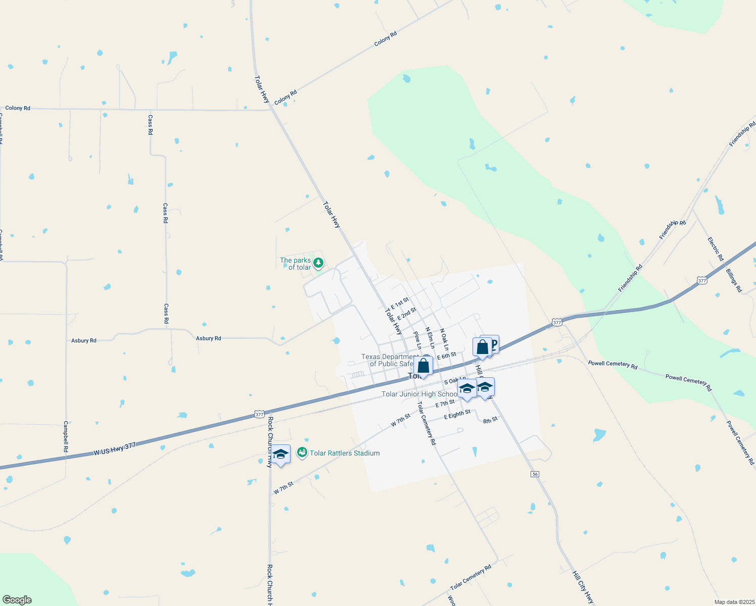 map of restaurants, bars, coffee shops, grocery stores, and more near 708 Tolar Highway in Tolar