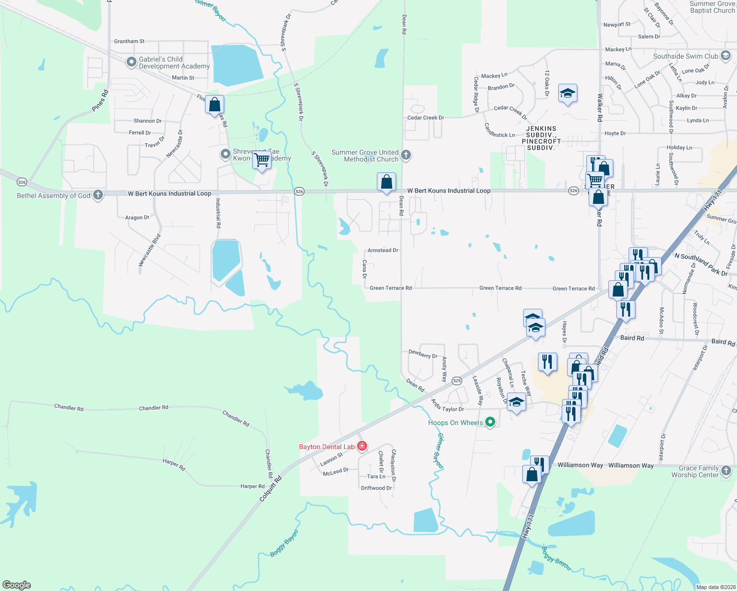map of restaurants, bars, coffee shops, grocery stores, and more near 3359 Green Terrace Rd in Shreveport