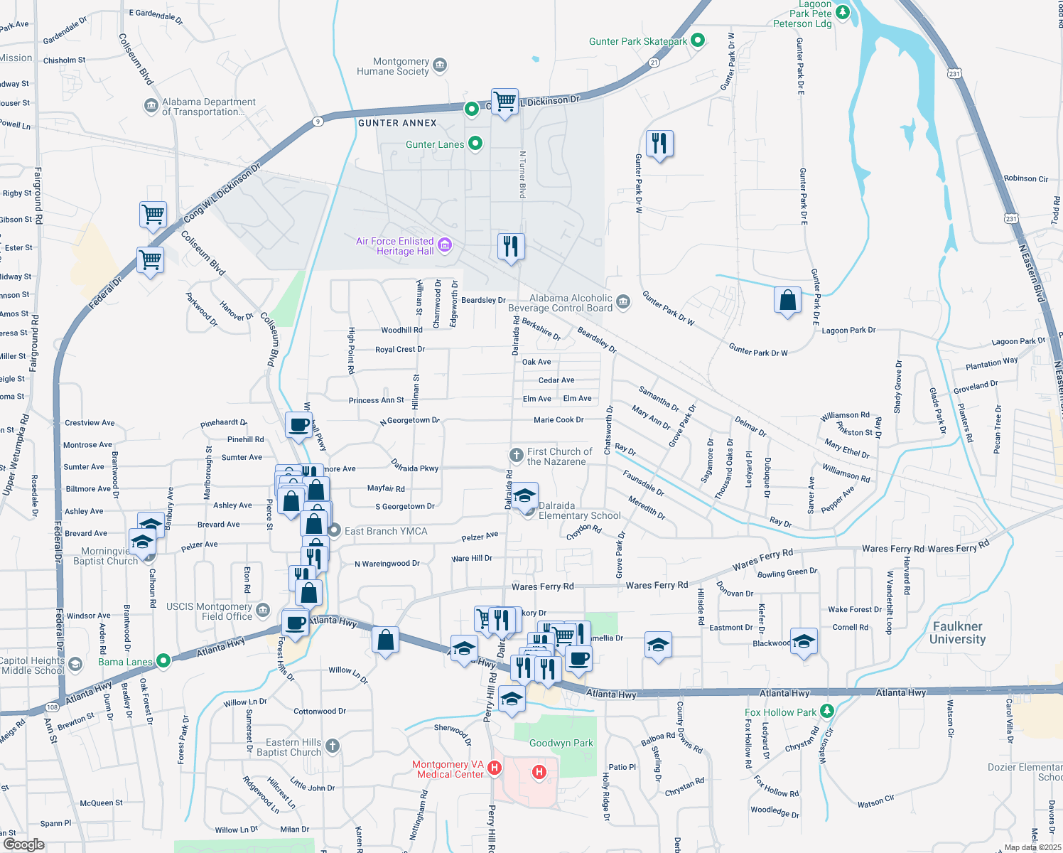 map of restaurants, bars, coffee shops, grocery stores, and more near 3818 Marie Cook Dr in Montgomery