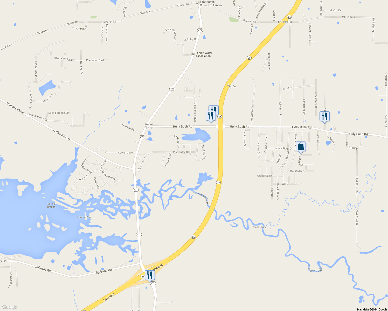 map of restaurants, bars, coffee shops, grocery stores, and more near 114 Pine Ridge Circle in Brandon