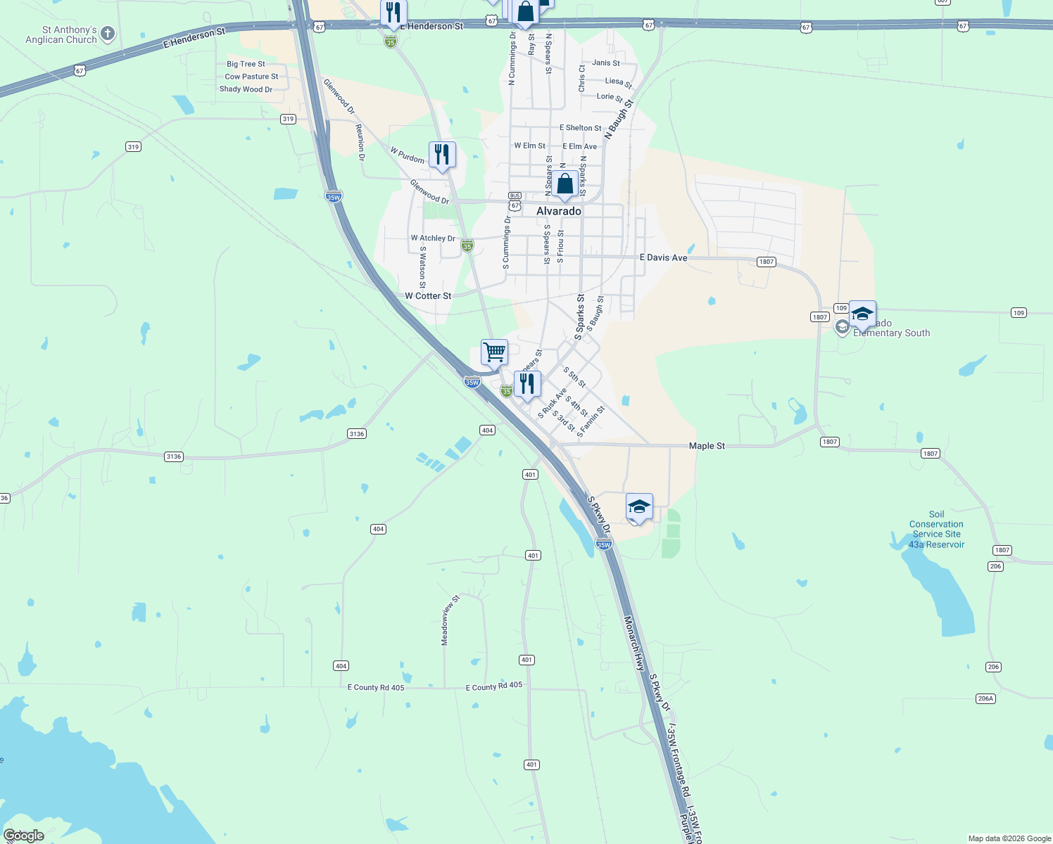 map of restaurants, bars, coffee shops, grocery stores, and more near 902 South Parkway Drive in Alvarado
