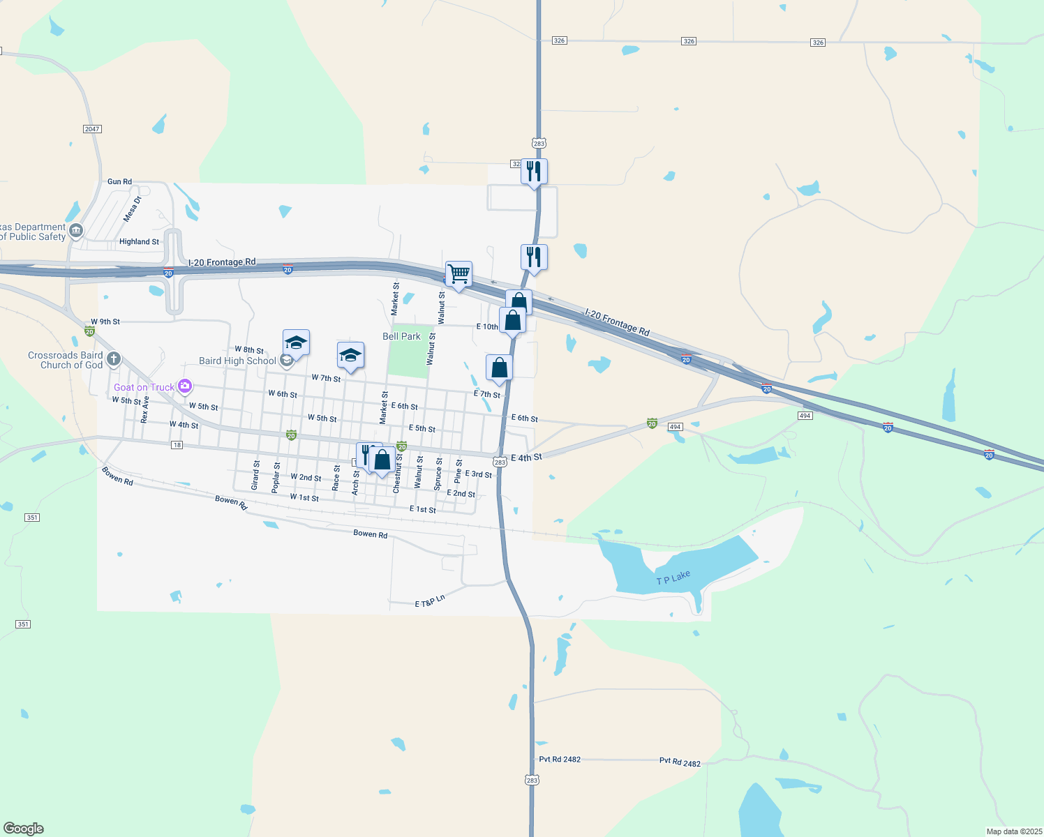 map of restaurants, bars, coffee shops, grocery stores, and more near 771 East 6th Street in Baird