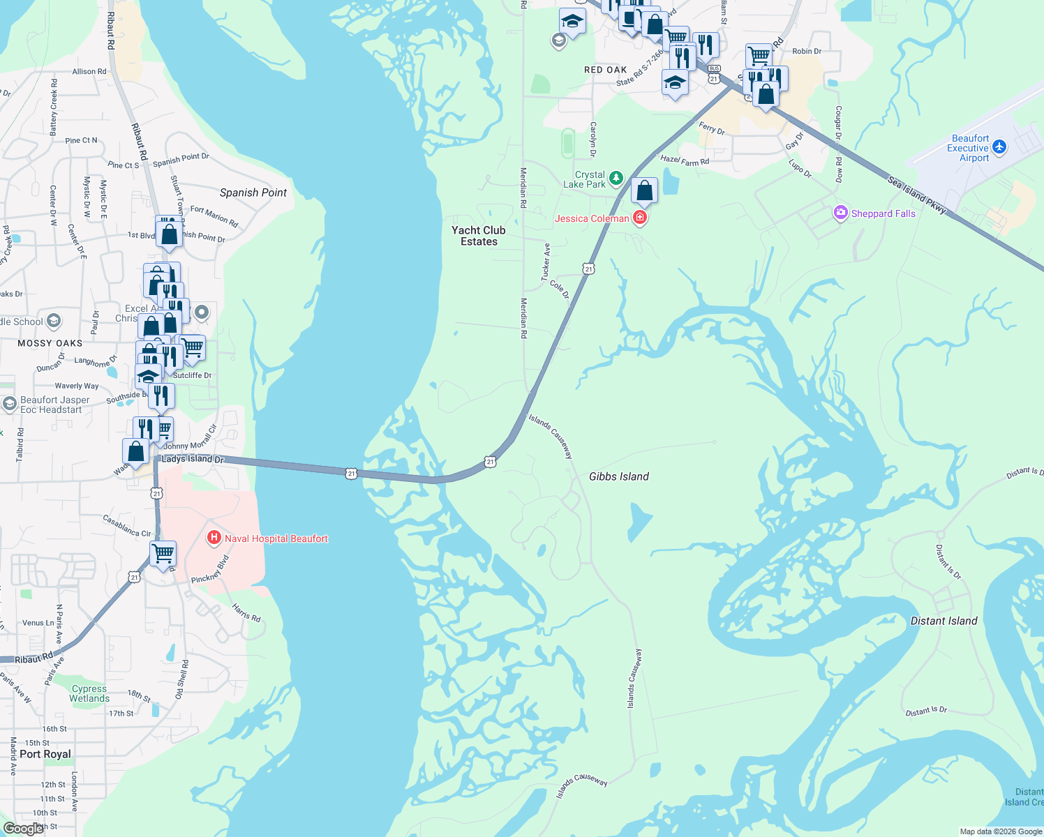 map of restaurants, bars, coffee shops, grocery stores, and more near Ladys Island Dr in Beaufort