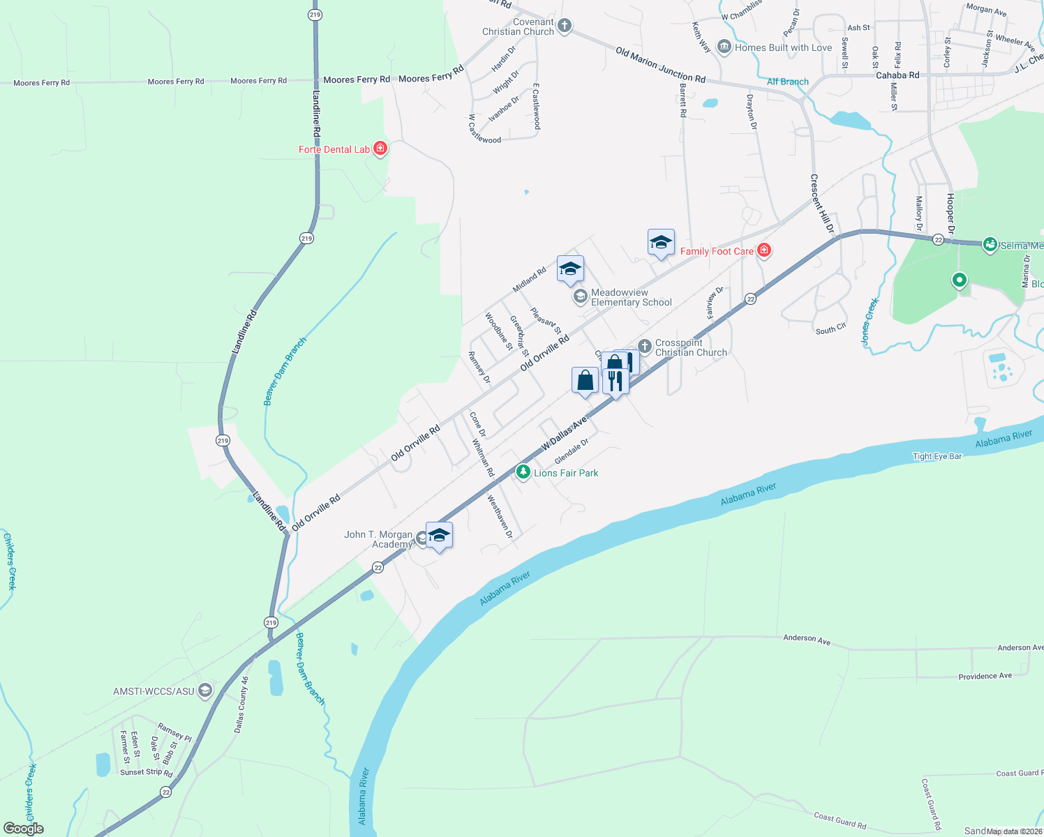 map of restaurants, bars, coffee shops, grocery stores, and more near 213 Cone Drive in Selma