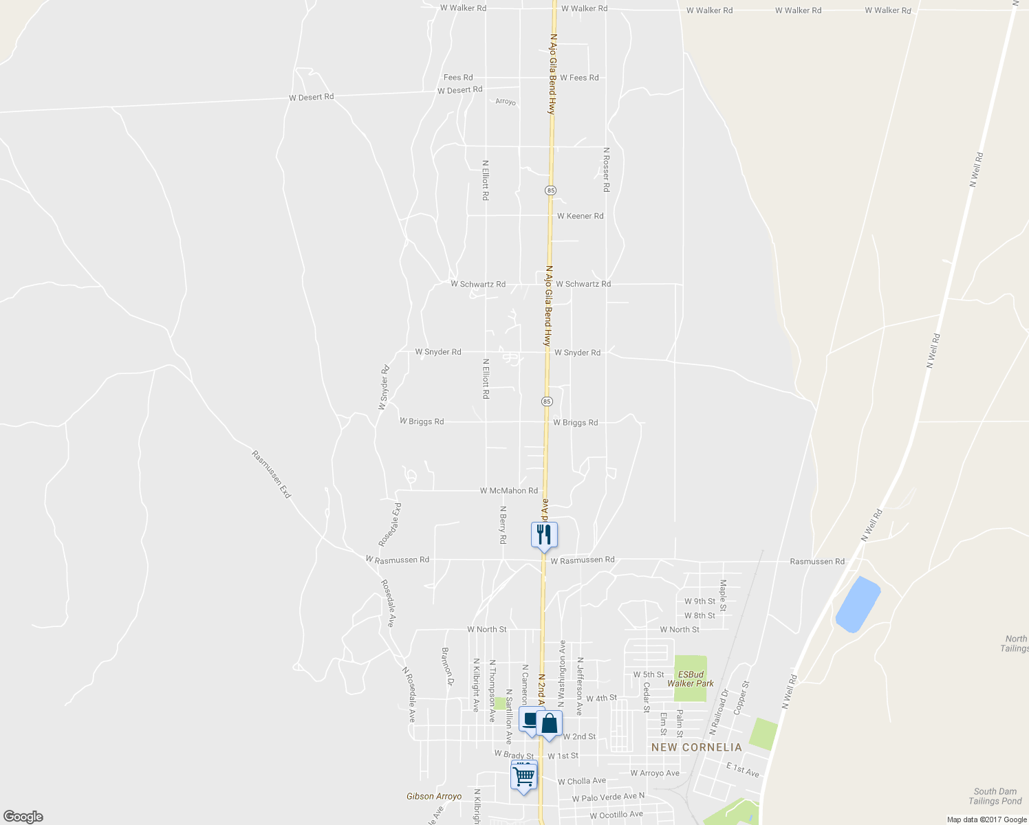 map of restaurants, bars, coffee shops, grocery stores, and more near 1158 West Briggs Road in Ajo