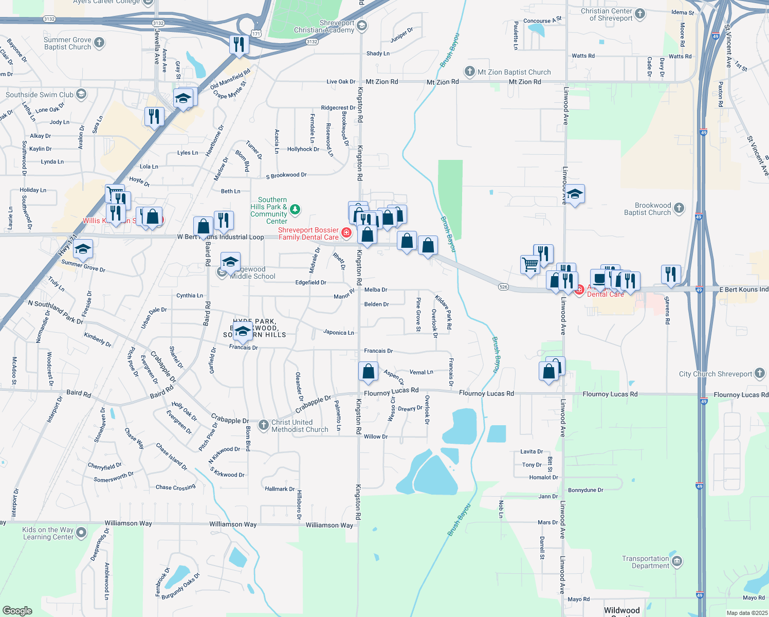 map of restaurants, bars, coffee shops, grocery stores, and more near 871 Belden Drive in Shreveport