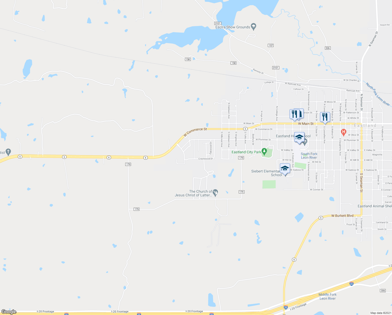 map of restaurants, bars, coffee shops, grocery stores, and more near 527 Crestwood Drive in Eastland