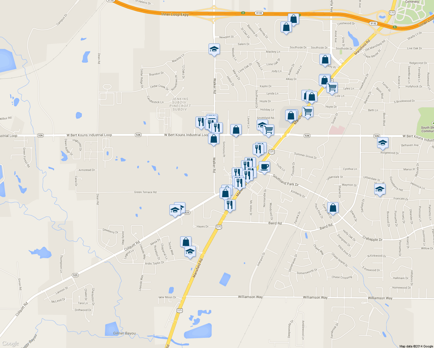 map of restaurants, bars, coffee shops, grocery stores, and more near 9315 Walker Road in Shreveport
