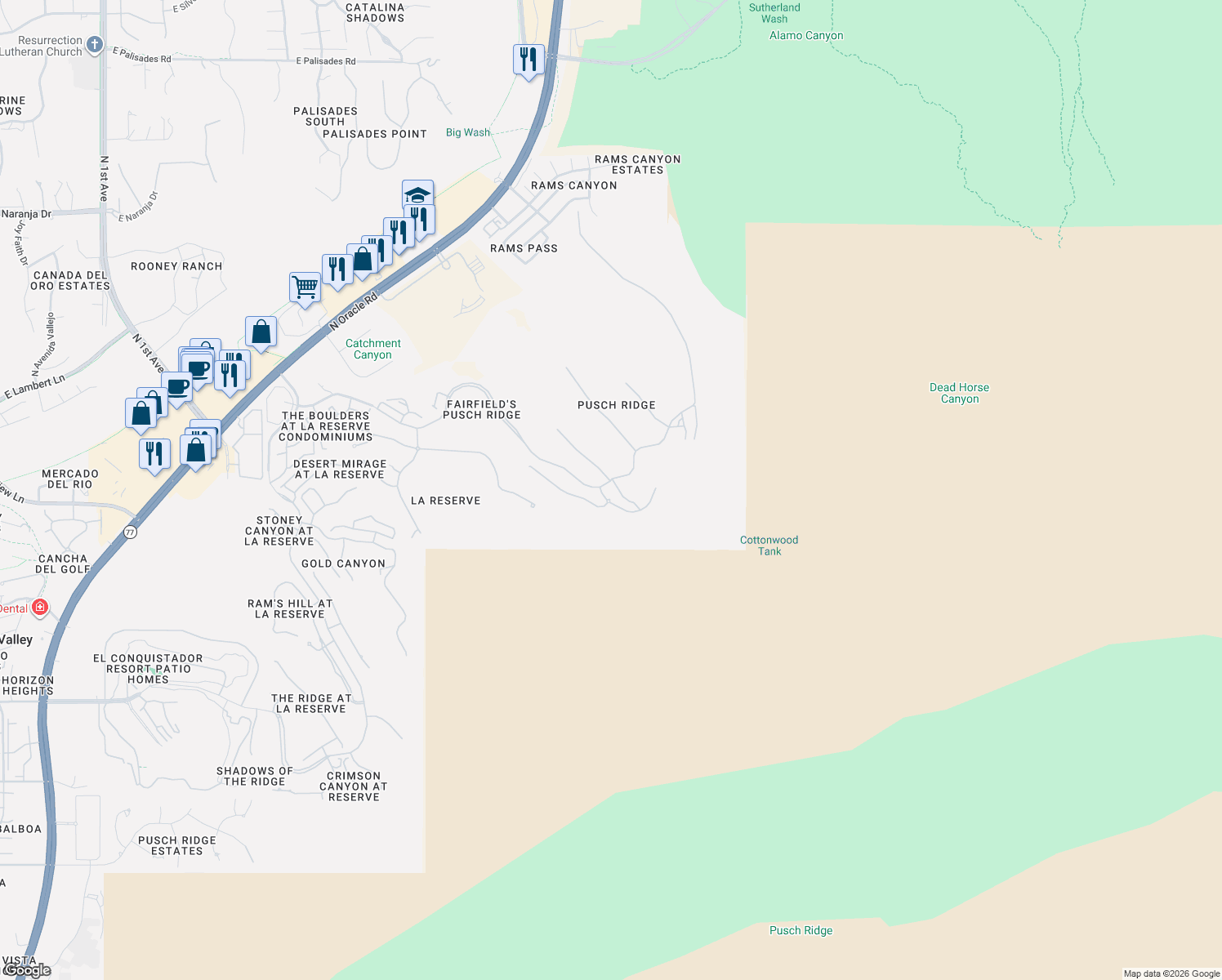 map of restaurants, bars, coffee shops, grocery stores, and more near 2590 East Ponticello Boulevard in Oro Valley
