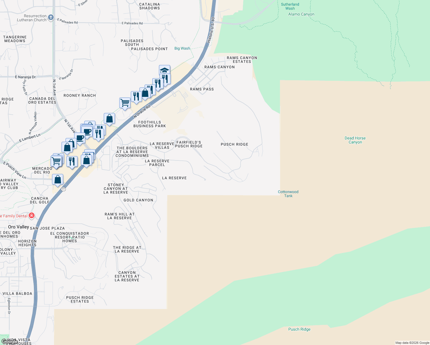 map of restaurants, bars, coffee shops, grocery stores, and more near 2420 Della Roccia Court in Oro Valley