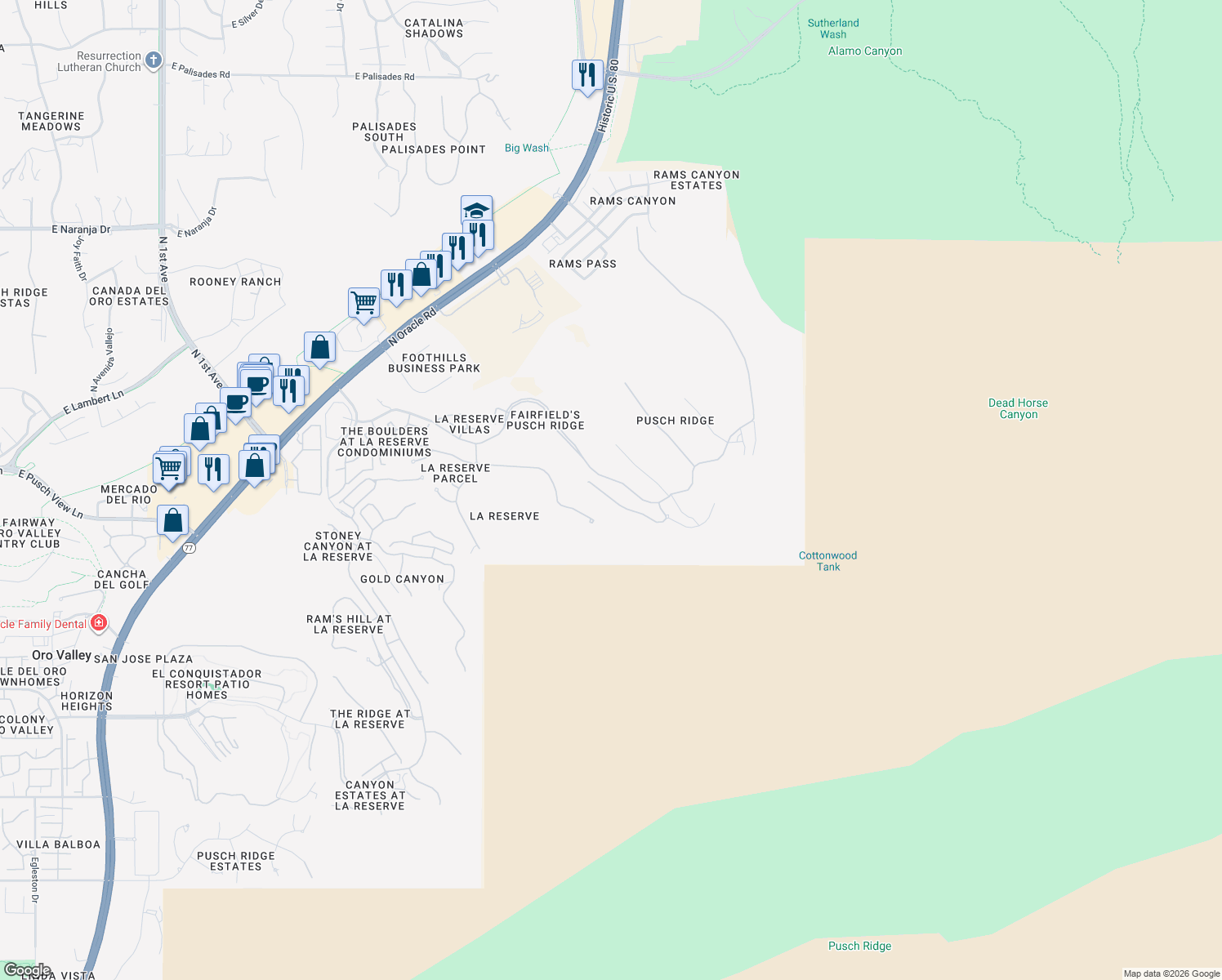 map of restaurants, bars, coffee shops, grocery stores, and more near 2555 East Ponticello Boulevard in Oro Valley