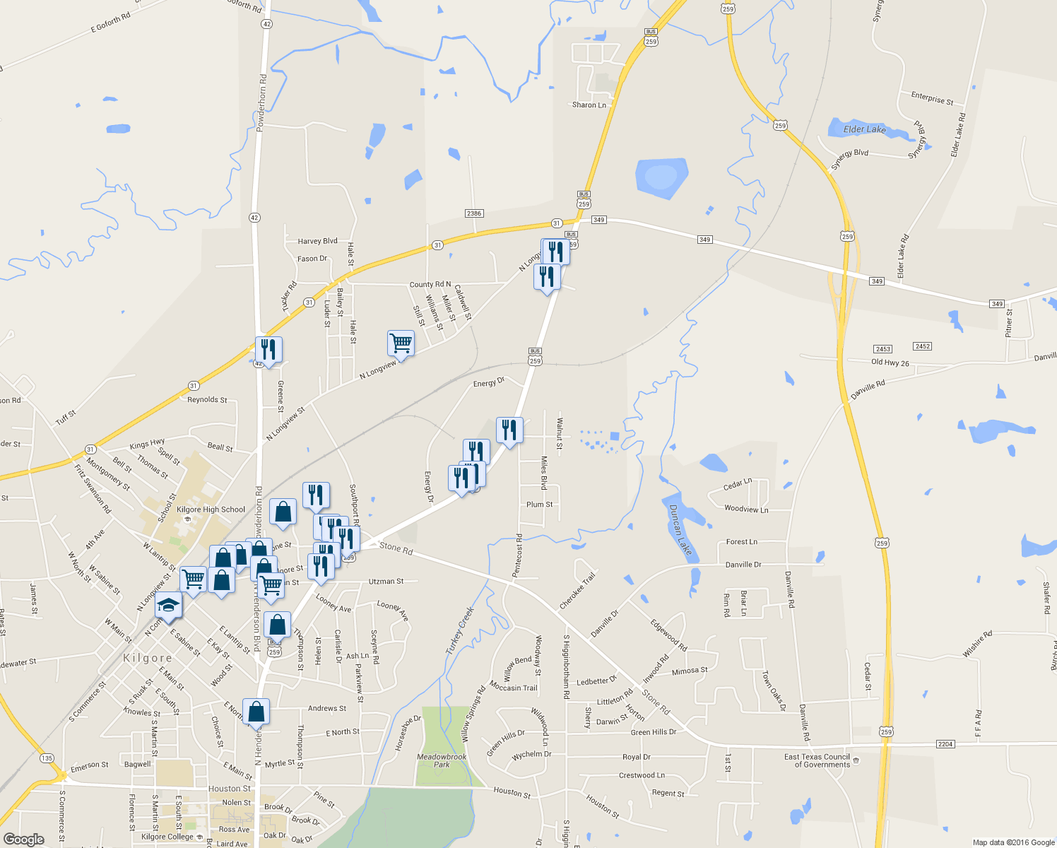 map of restaurants, bars, coffee shops, grocery stores, and more near 1802 Neal St in Kilgore