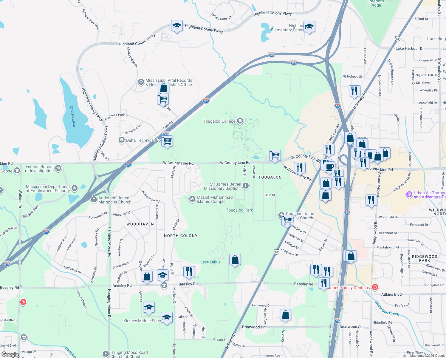 map of restaurants, bars, coffee shops, grocery stores, and more near 6239 Wesley Street in Jackson