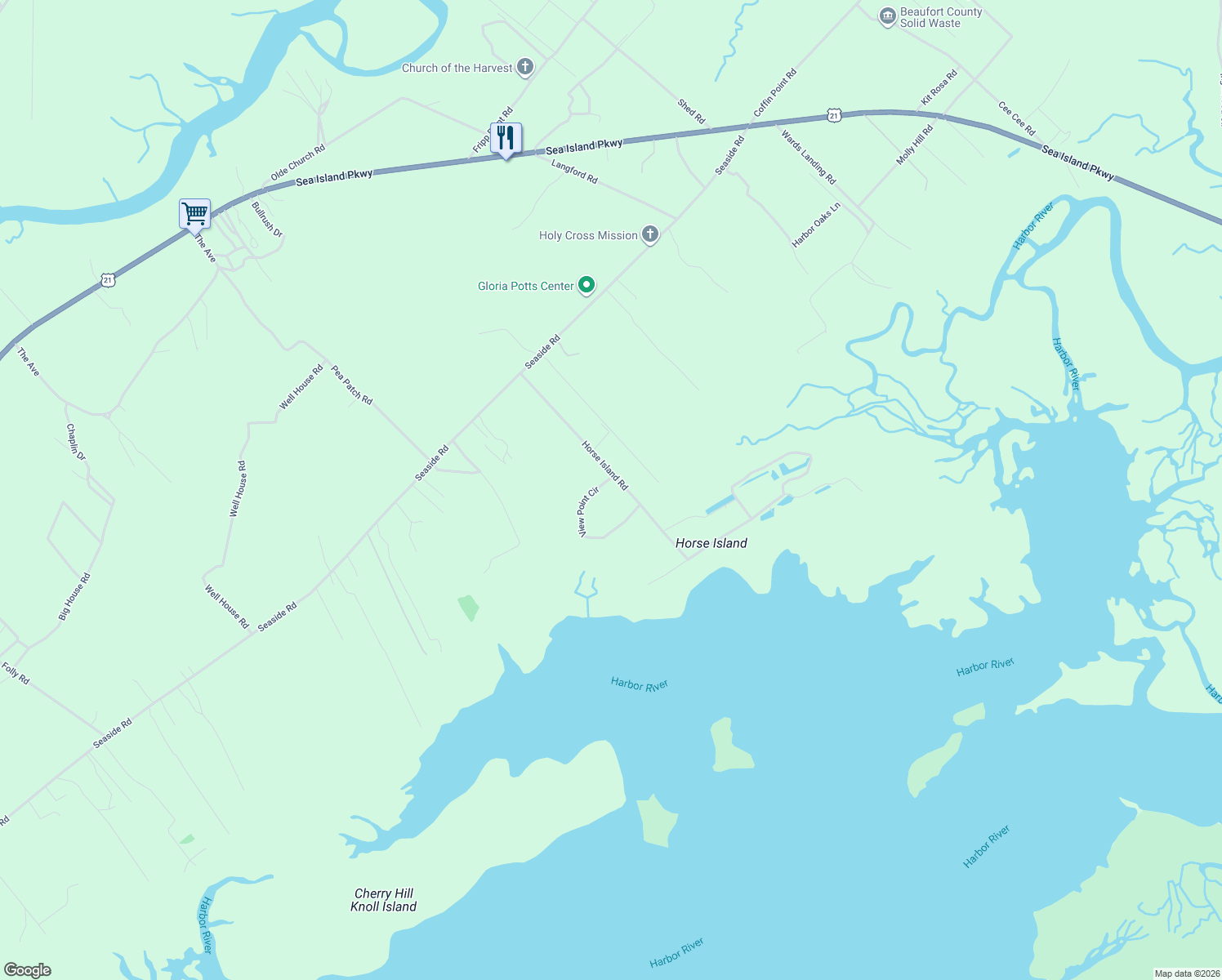 map of restaurants, bars, coffee shops, grocery stores, and more near 5 View Point Circle in Saint Helena Island