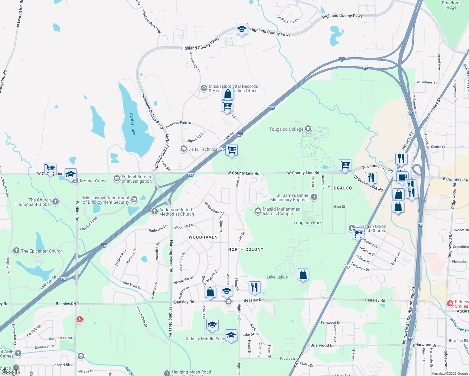 map of restaurants, bars, coffee shops, grocery stores, and more near 6157 Floral Dr in Jackson
