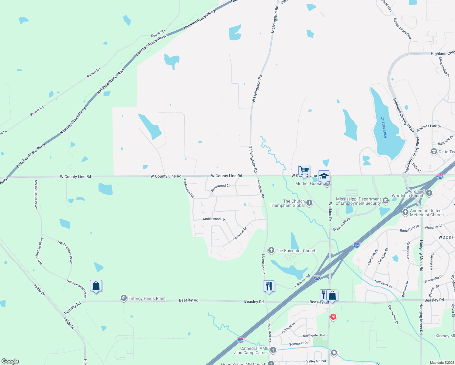 map of restaurants, bars, coffee shops, grocery stores, and more near 1826 Northwood Circle in Jackson