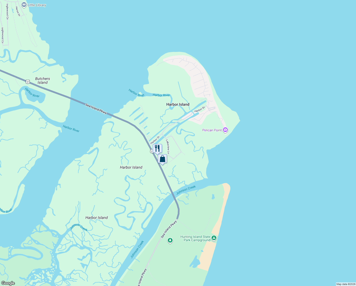 map of restaurants, bars, coffee shops, grocery stores, and more near 25 Ocean Marsh Ln in St Helena Is