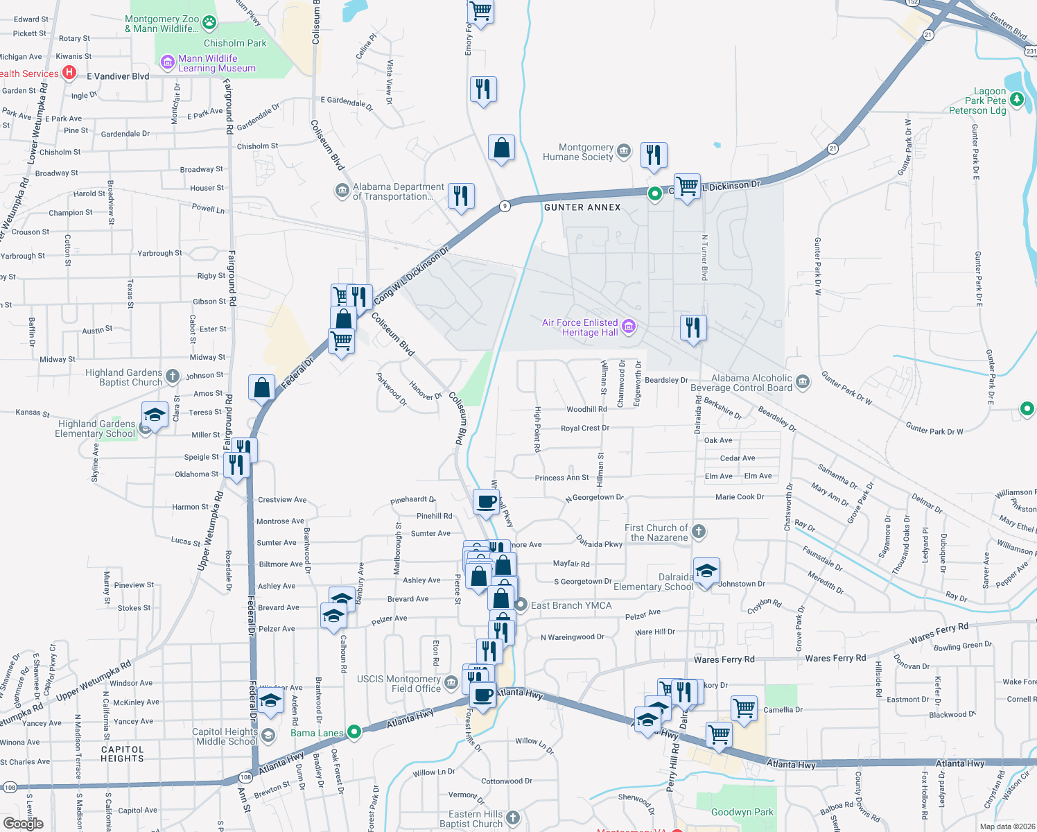 map of restaurants, bars, coffee shops, grocery stores, and more near 3418 Woodhill Road in Montgomery