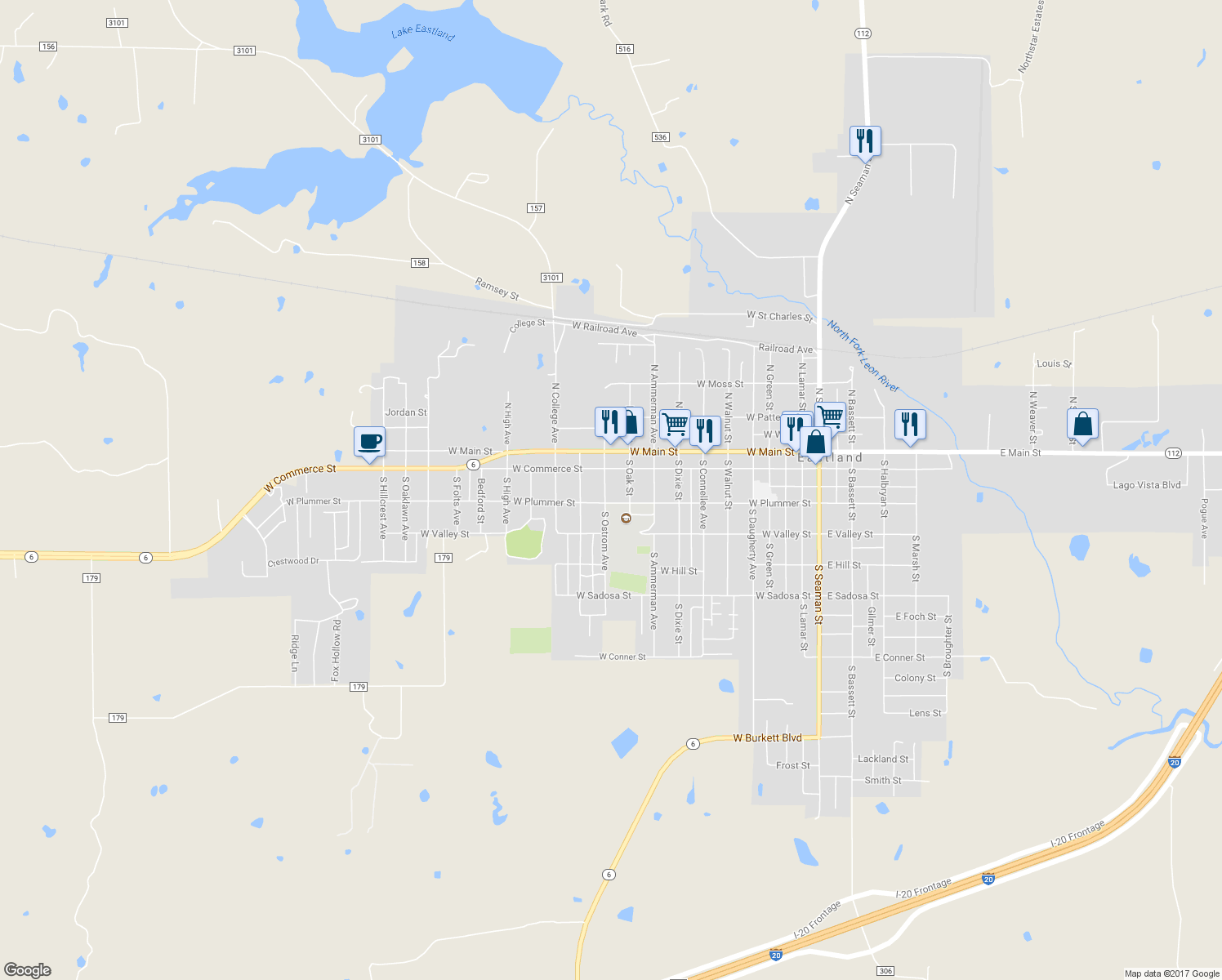 map of restaurants, bars, coffee shops, grocery stores, and more near 212 South Ostrom Avenue in Eastland