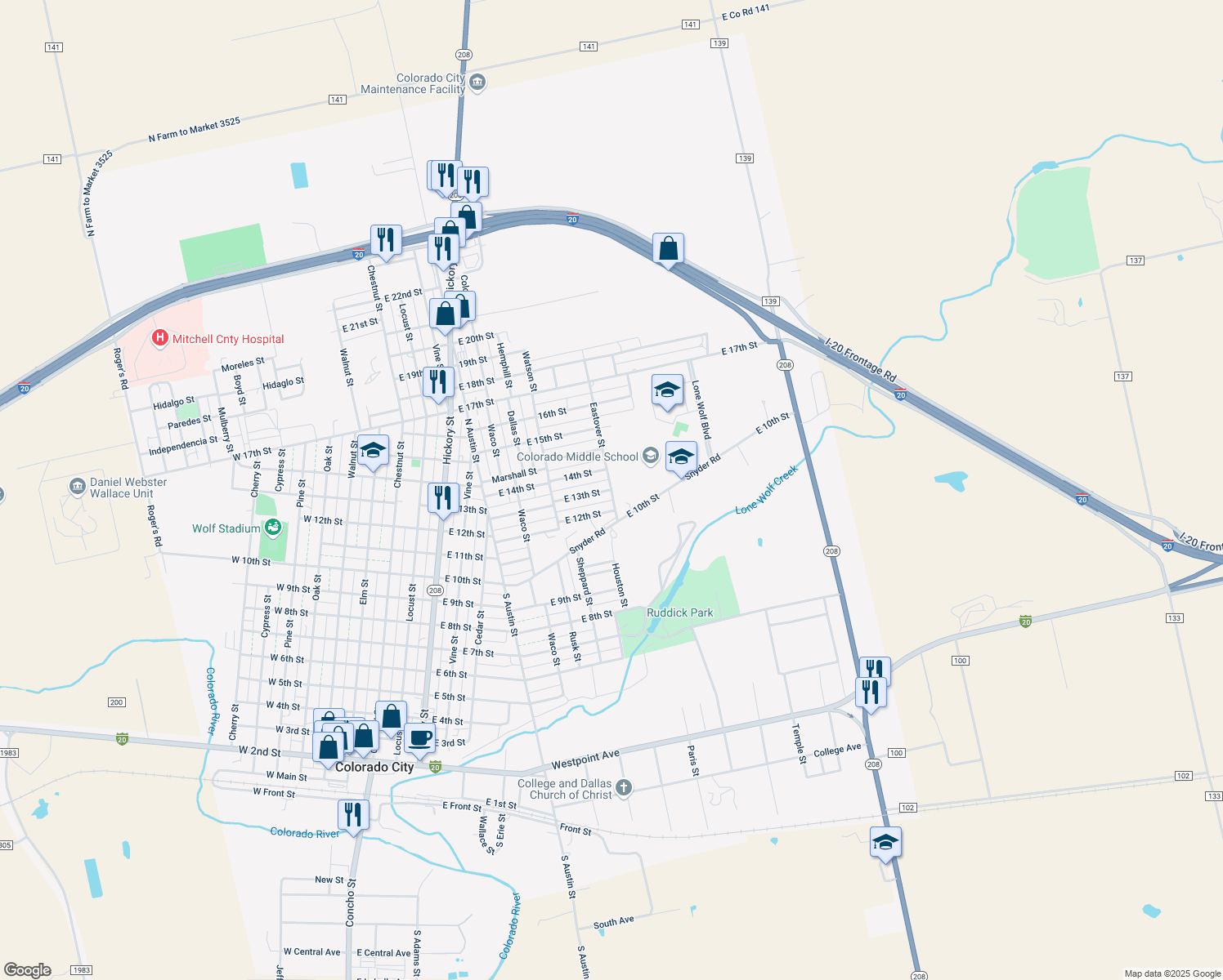 map of restaurants, bars, coffee shops, grocery stores, and more near 1298 Eastover Street in Colorado City