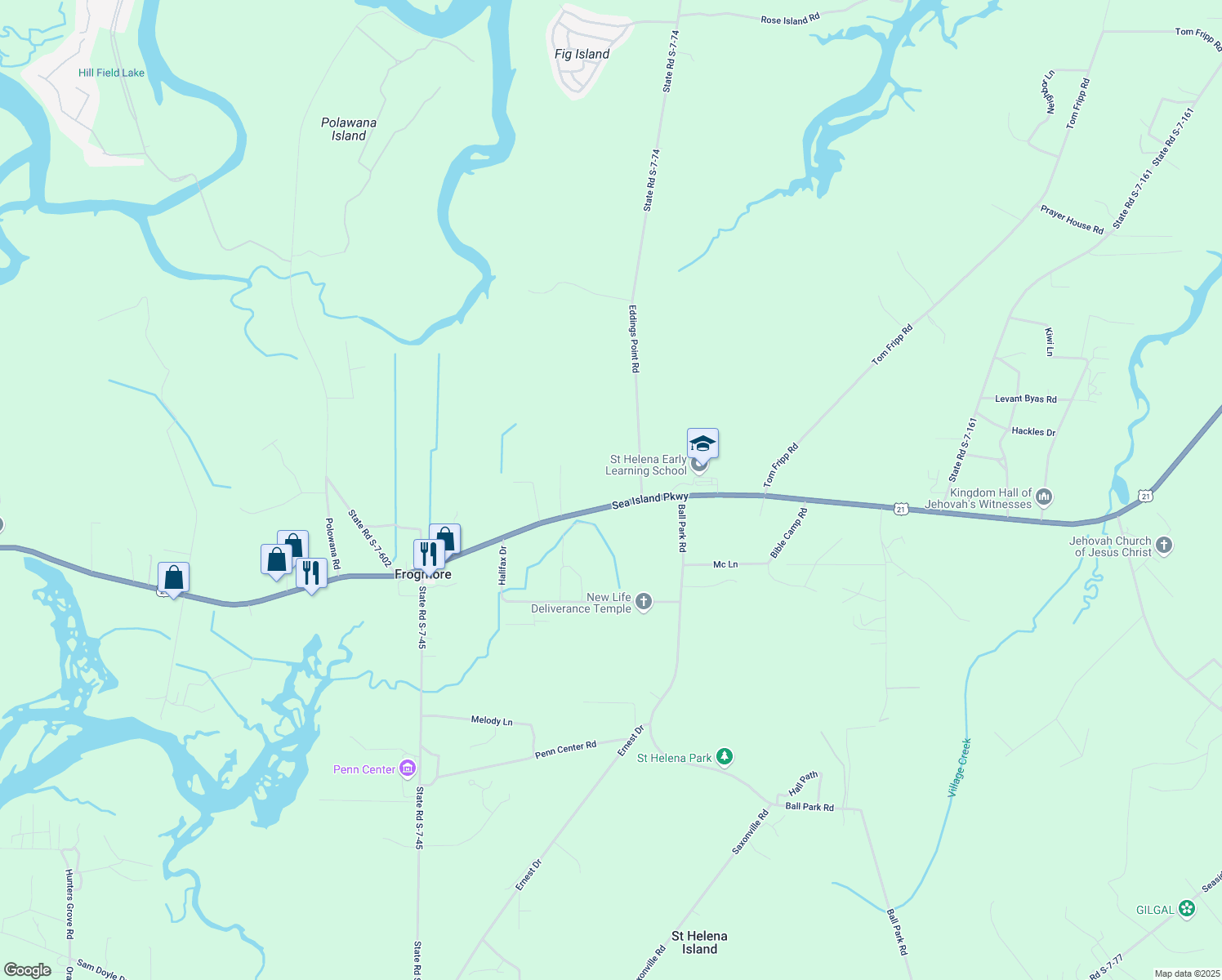 map of restaurants, bars, coffee shops, grocery stores, and more near 973 Sea Island Parkway in Saint Helena Island