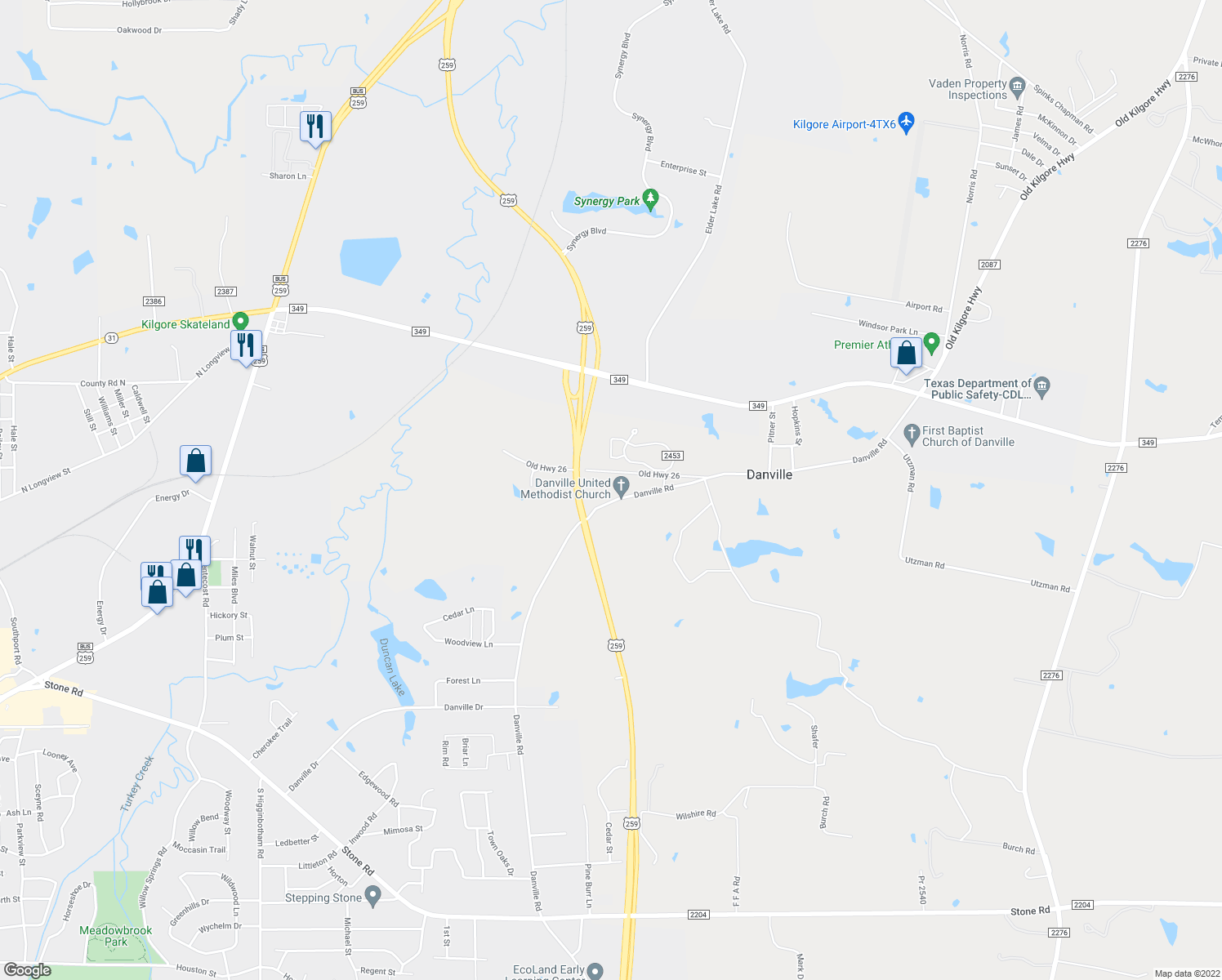 map of restaurants, bars, coffee shops, grocery stores, and more near 2060 Danville Road in Kilgore