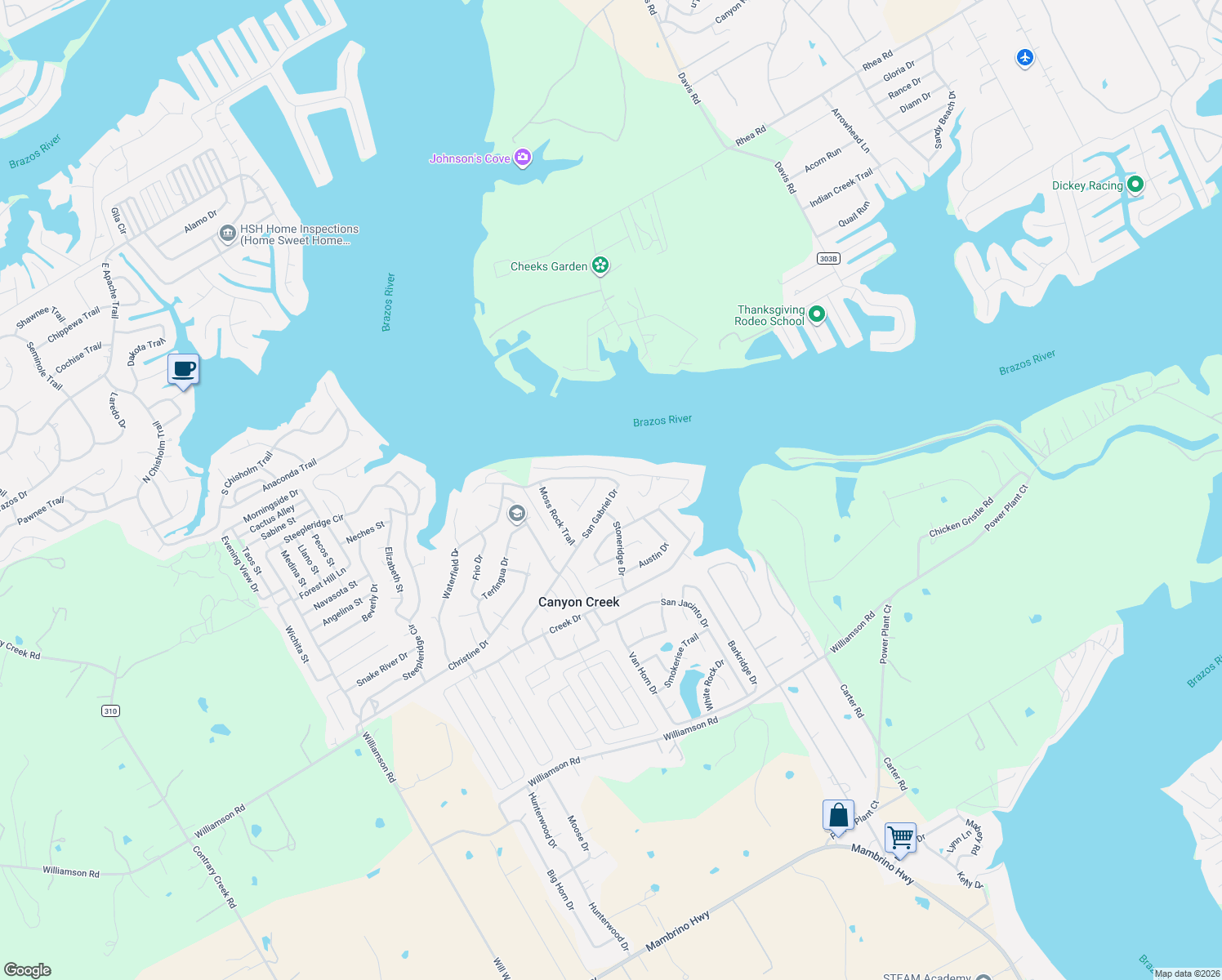 map of restaurants, bars, coffee shops, grocery stores, and more near 2823 San Gabriel Drive in Granbury
