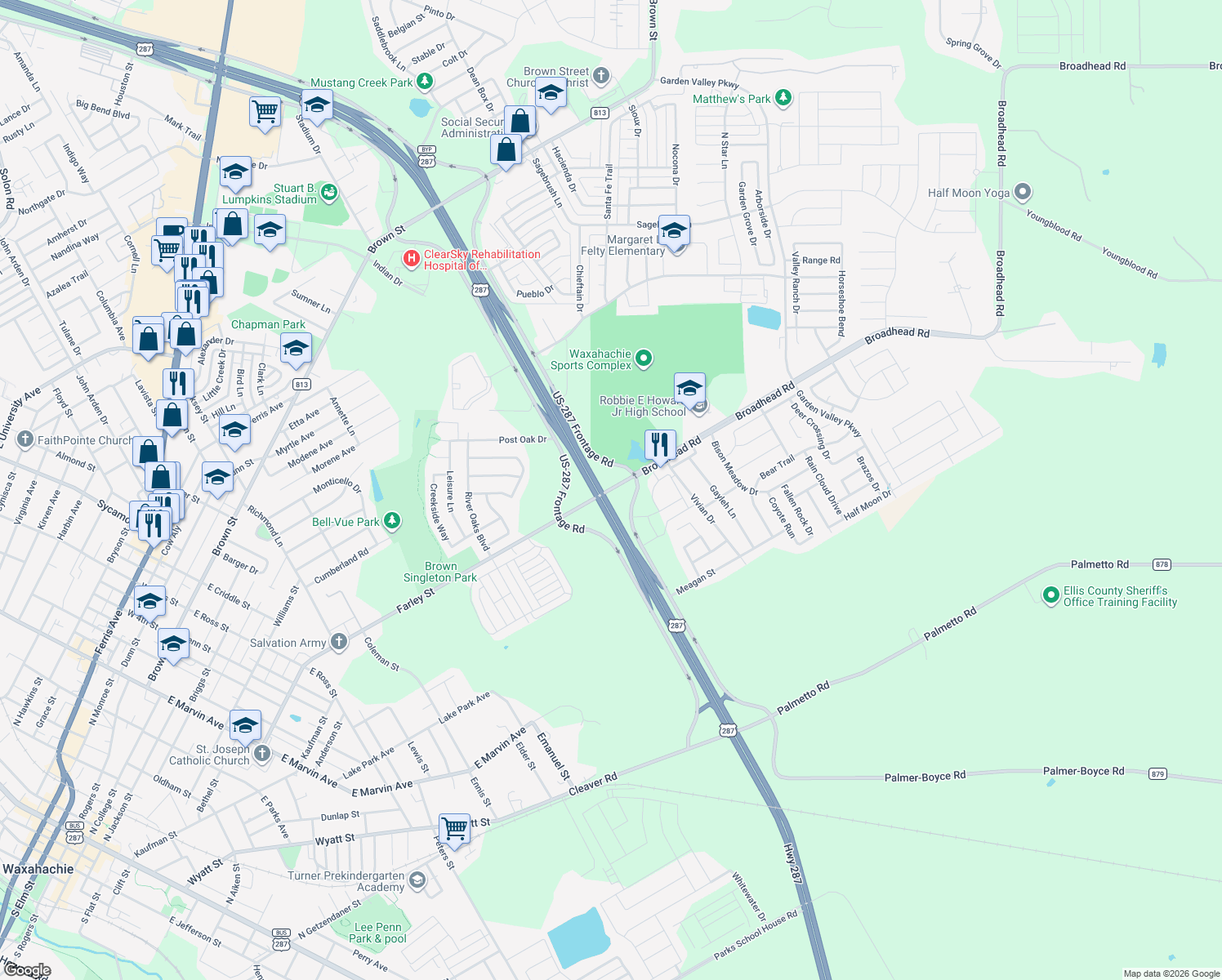 map of restaurants, bars, coffee shops, grocery stores, and more near 1100 Farley Street in Waxahachie