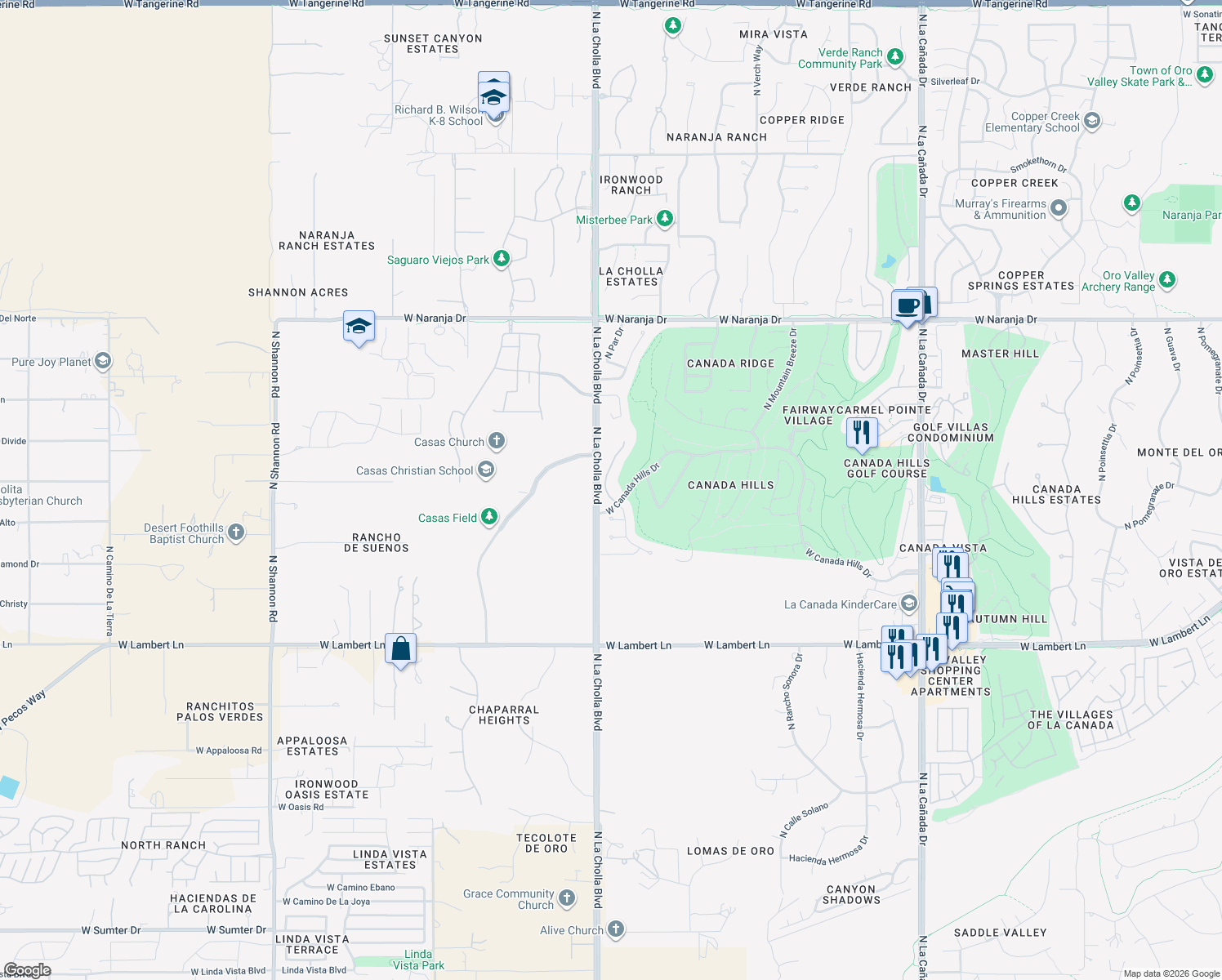 map of restaurants, bars, coffee shops, grocery stores, and more near 1976 West Canada Hills Drive in Oro Valley