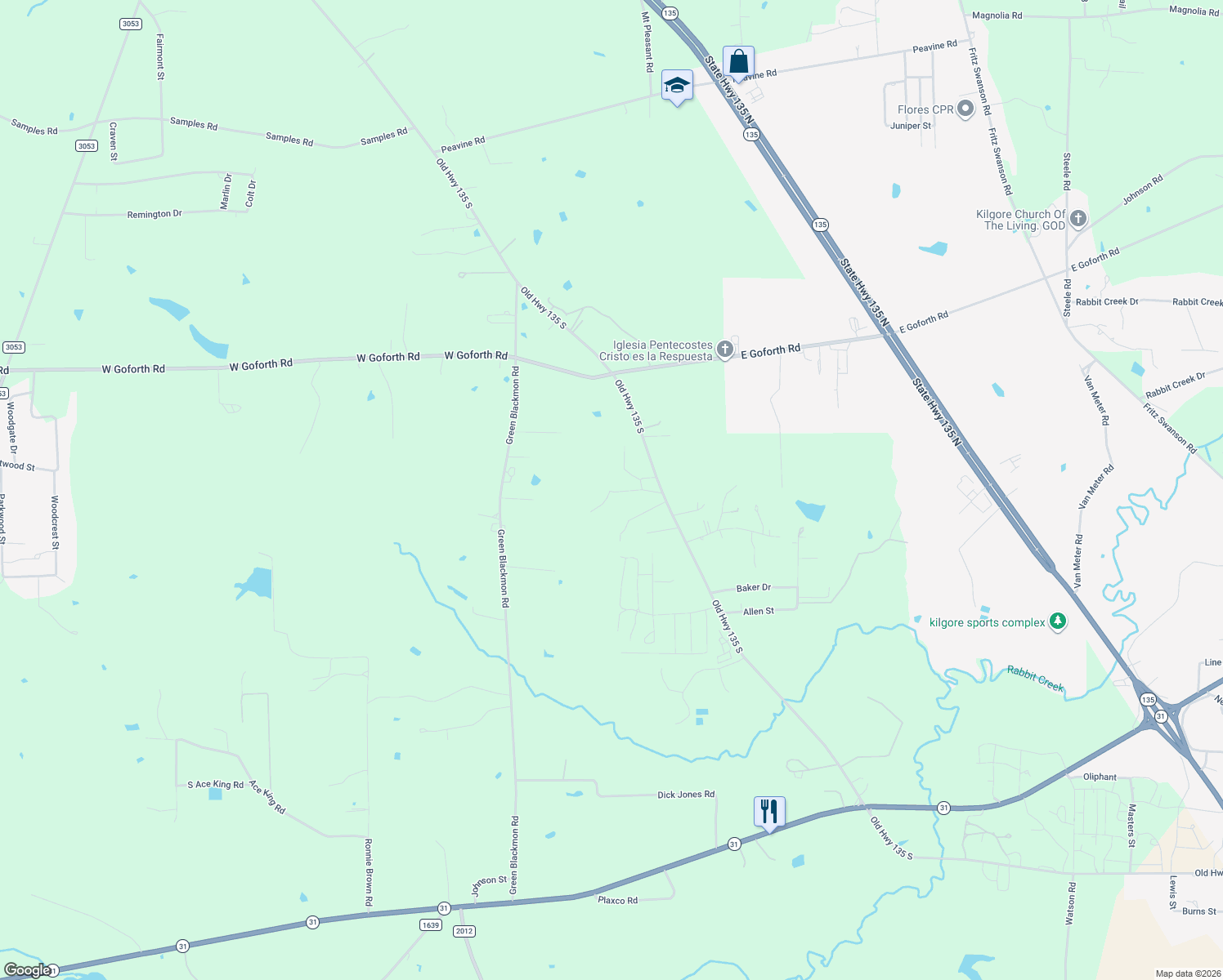map of restaurants, bars, coffee shops, grocery stores, and more near 257 Bellburn Rd in Kilgore