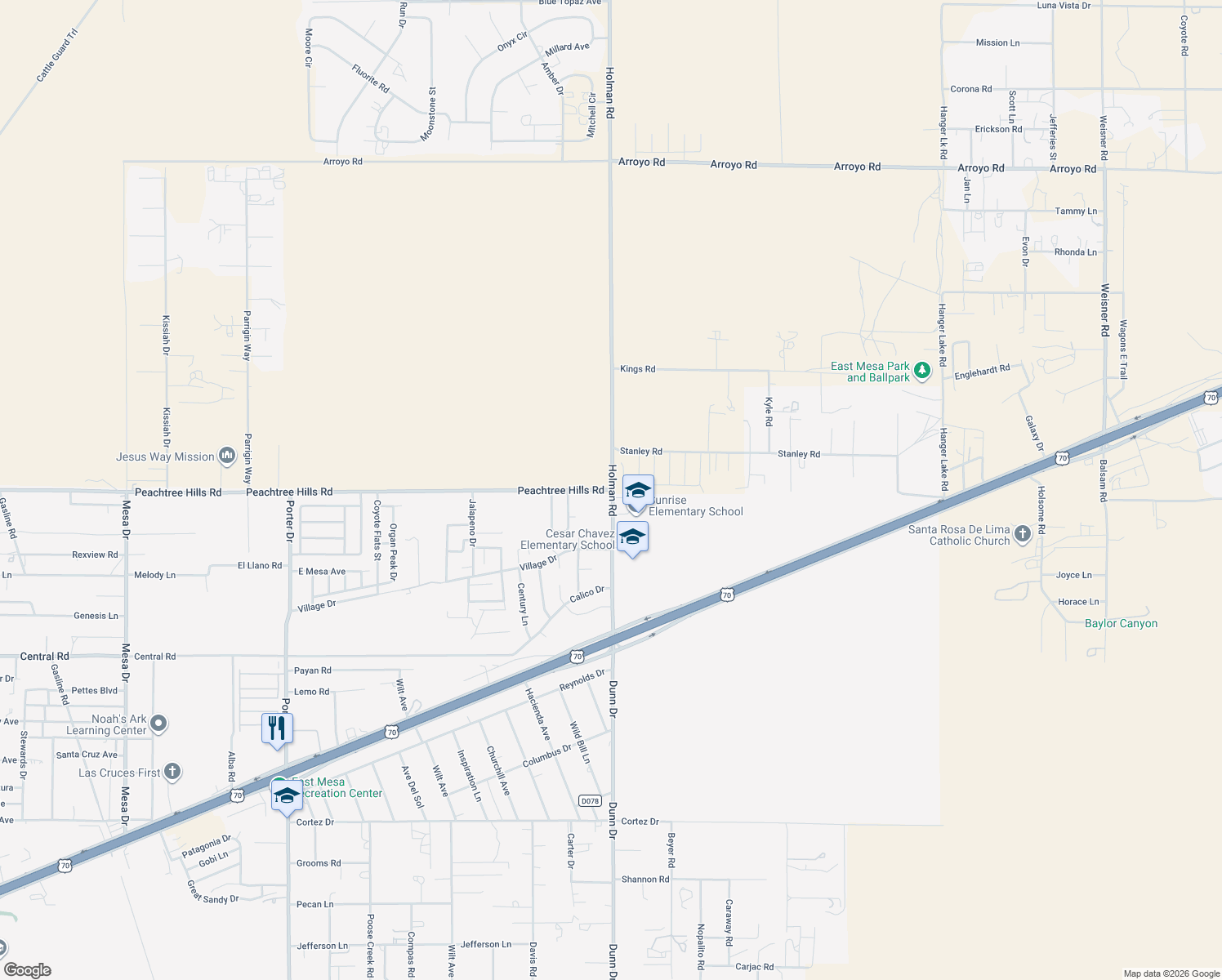 map of restaurants, bars, coffee shops, grocery stores, and more near 7199 Peachtree Hills Rd in Las Cruces