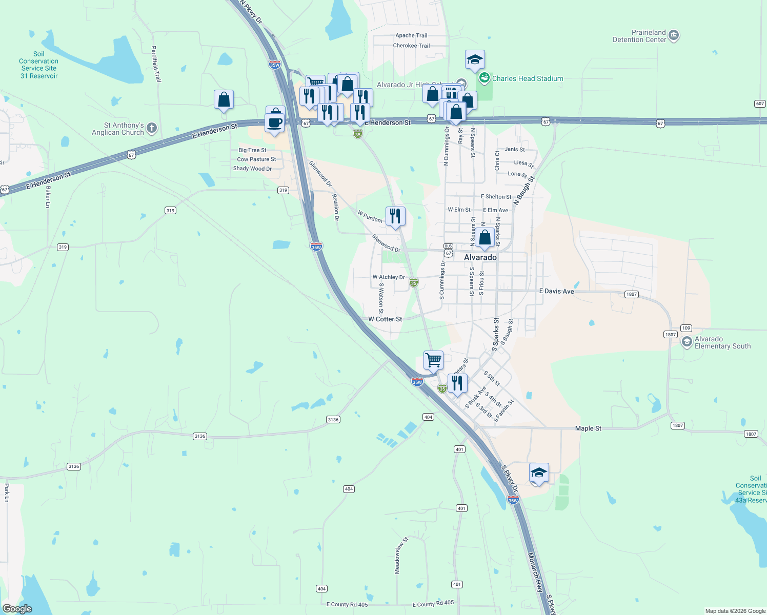 map of restaurants, bars, coffee shops, grocery stores, and more near 309 S Watson St in Alvarado