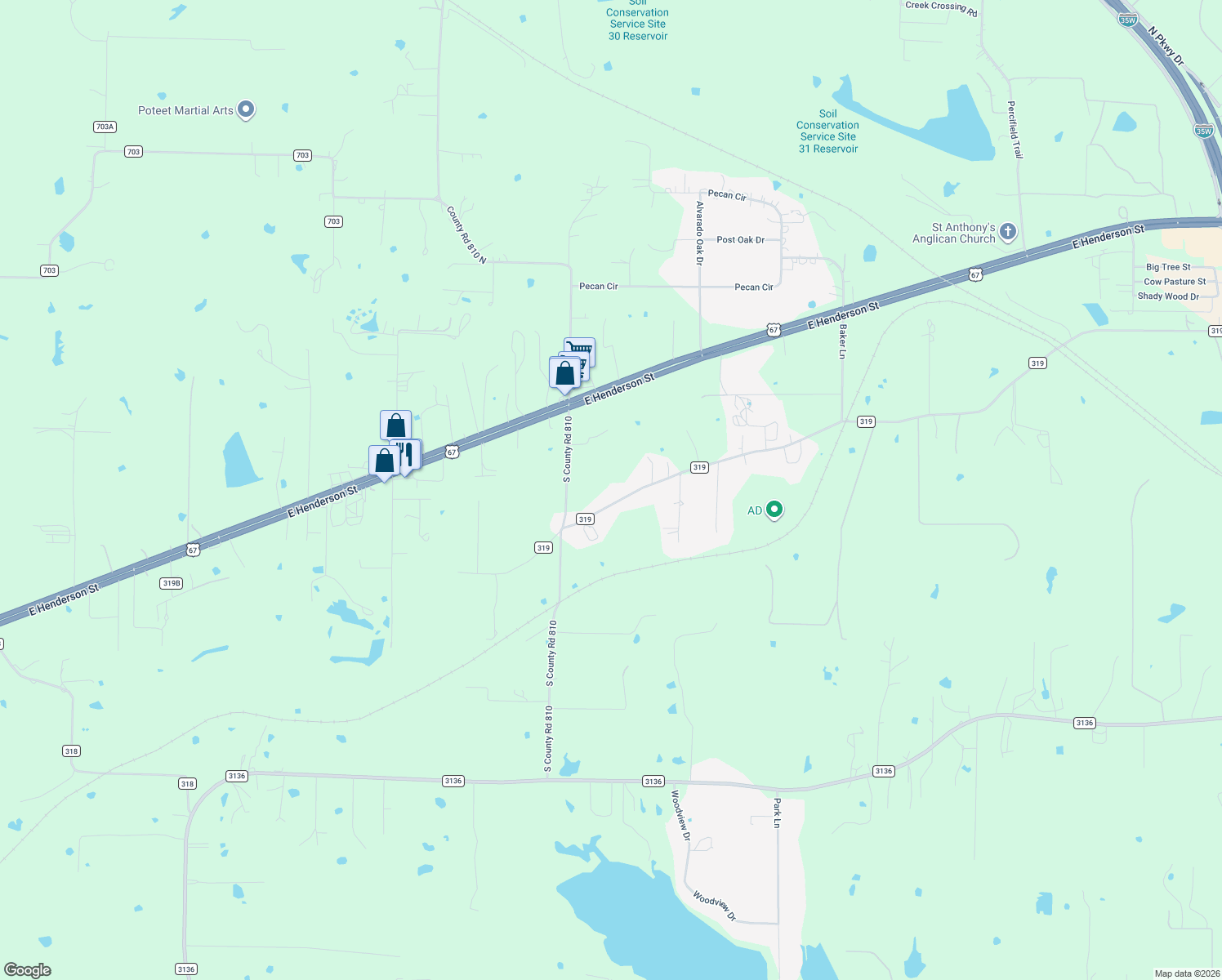 map of restaurants, bars, coffee shops, grocery stores, and more near 5805 County Road 319 in Alvarado