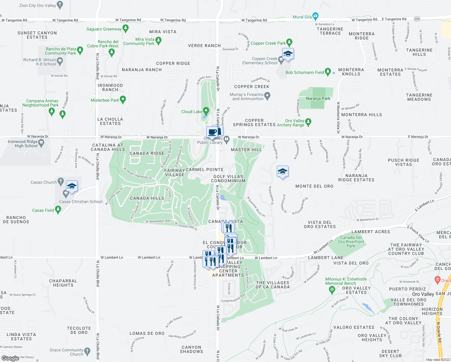 map of restaurants, bars, coffee shops, grocery stores, and more near 10950 North La Cañada Drive in Tucson