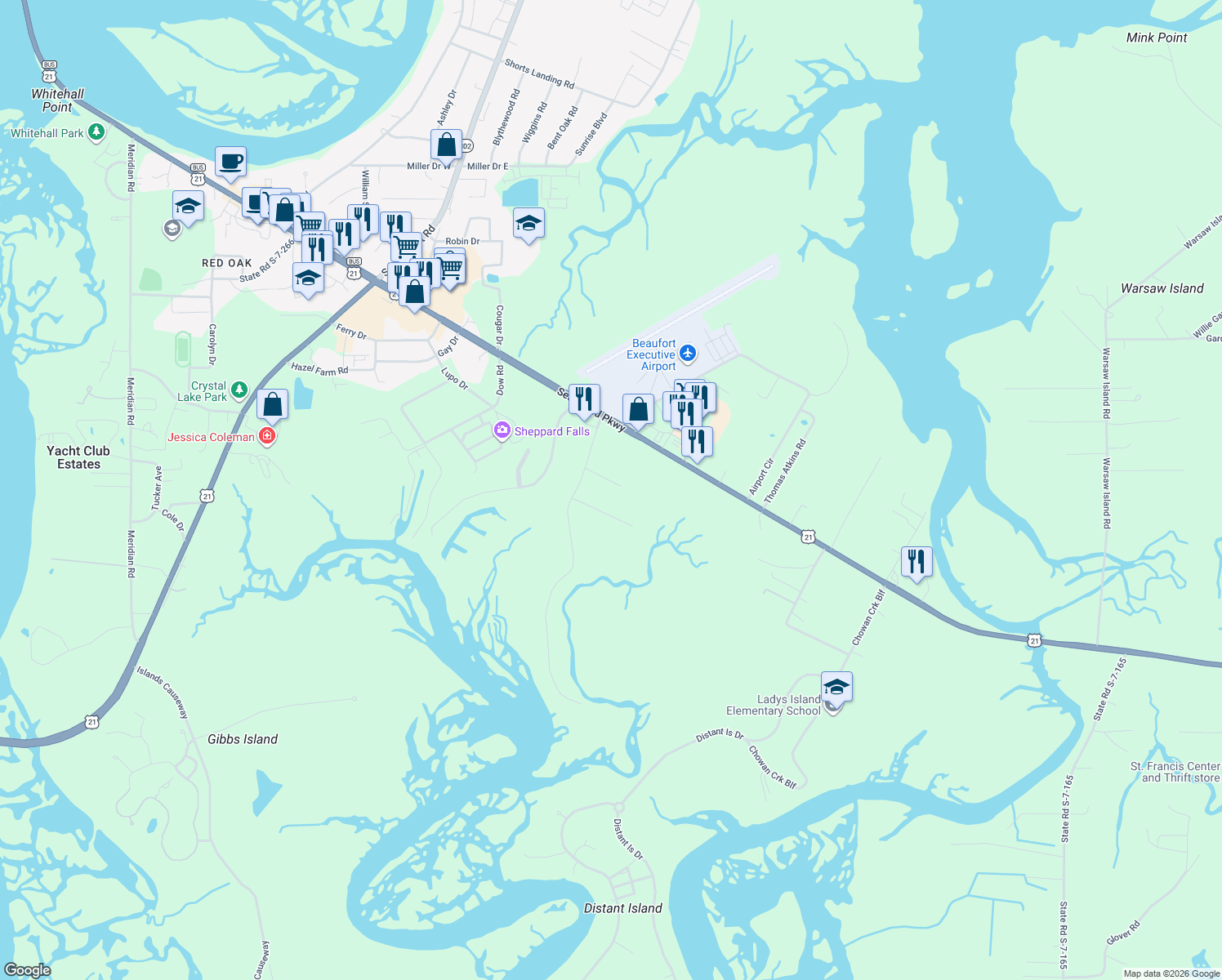 map of restaurants, bars, coffee shops, grocery stores, and more near 8 Founders Walk in Beaufort