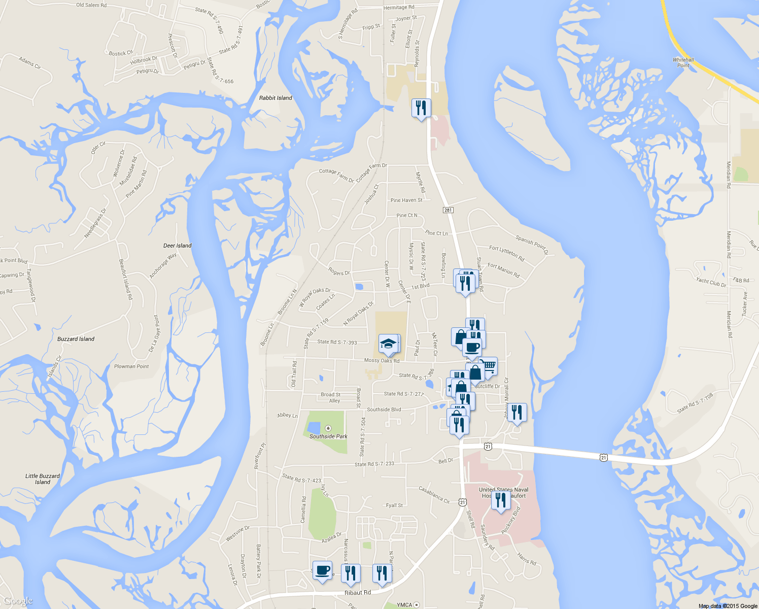 map of restaurants, bars, coffee shops, grocery stores, and more near 806 State Road S-7-410 in Beaufort