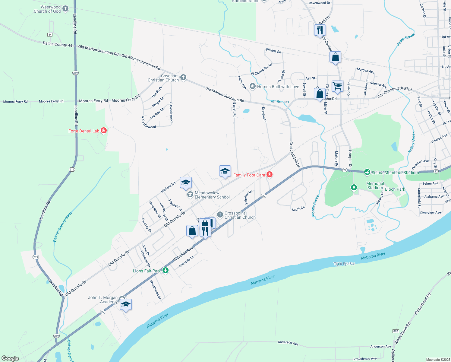 map of restaurants, bars, coffee shops, grocery stores, and more near 1512 Old Orrville Road in Selma